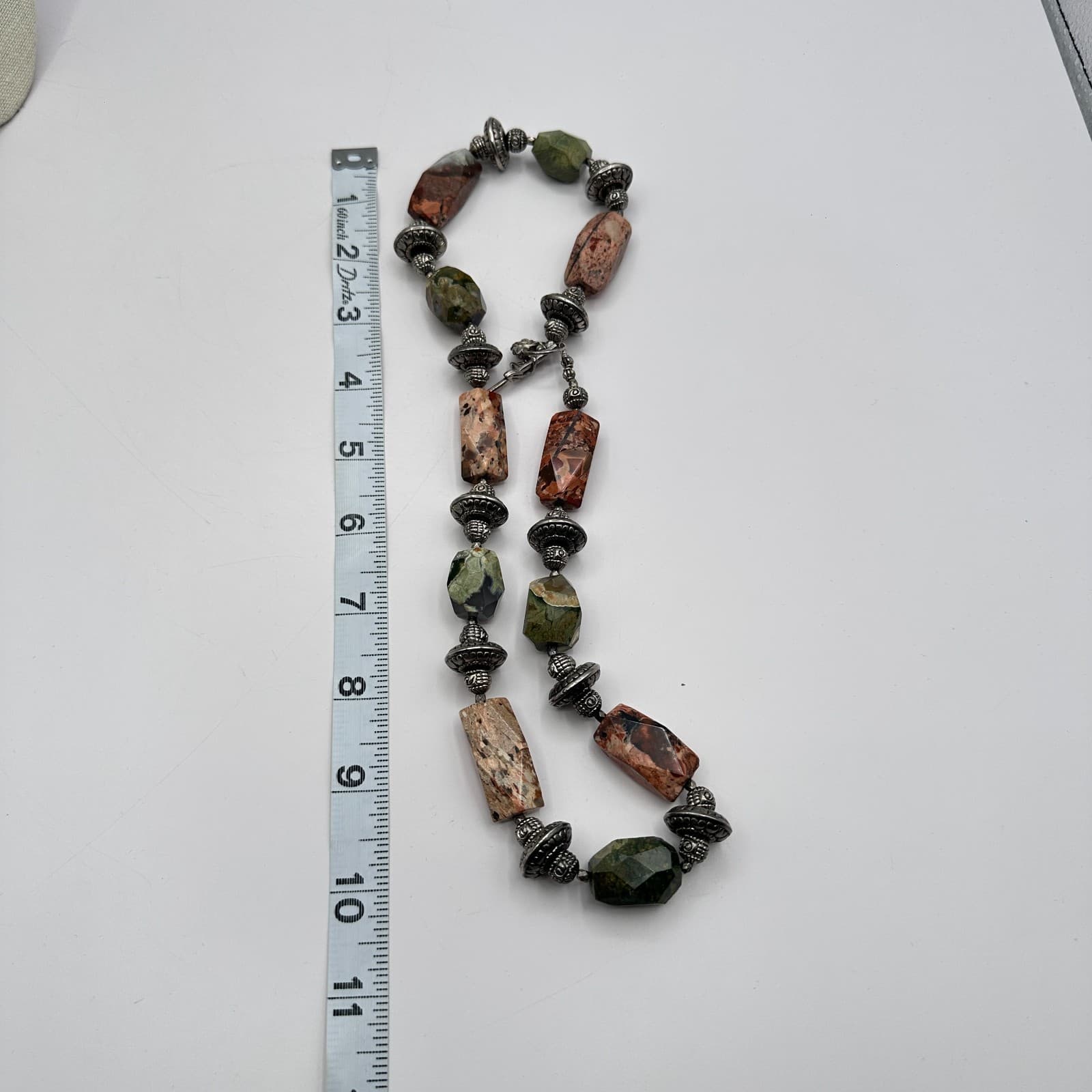 Vintage 80s Leopard Skin Jasper Beaded Statement Necklace Silver Tone Jewelry - Thumbnail 9