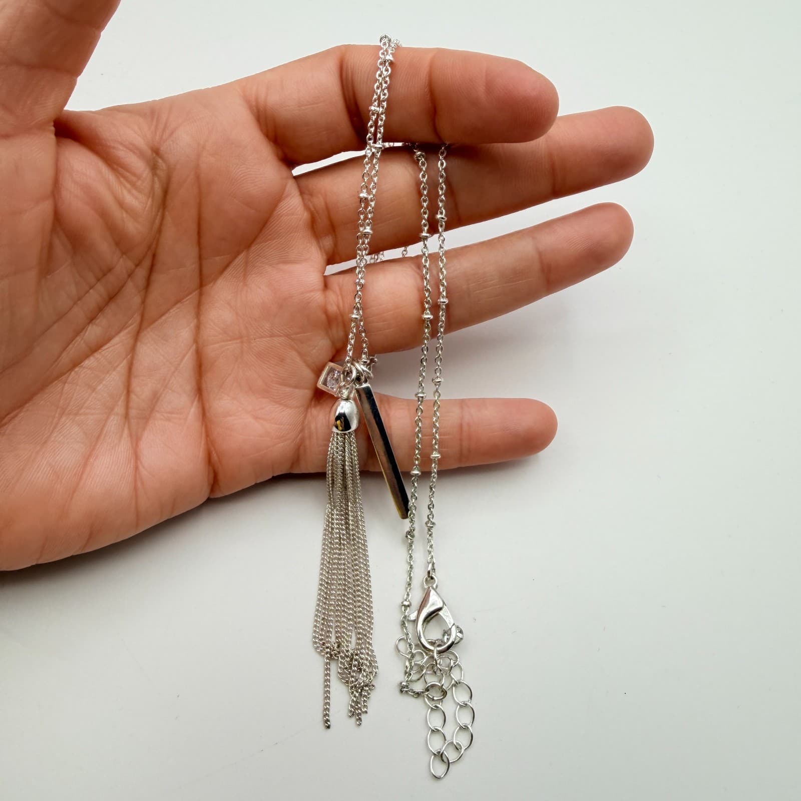 Vintage 90s SilverTone Tassel Bar Cube Glass Pendant Long Station Chain Necklace - Thumbnail 9