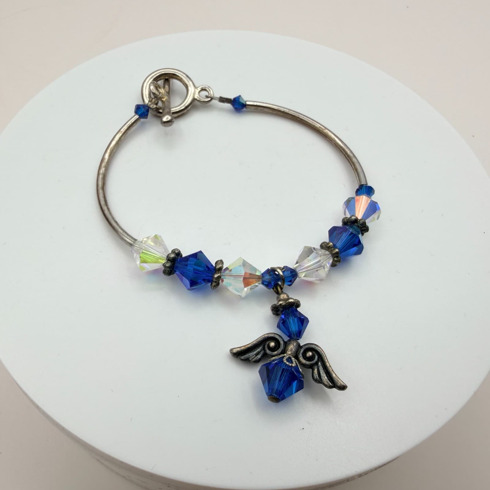 Vintage 80s Silver Tone Beaded Bracelet Sapphire Blue Charm Jewelry - Thumbnail 6