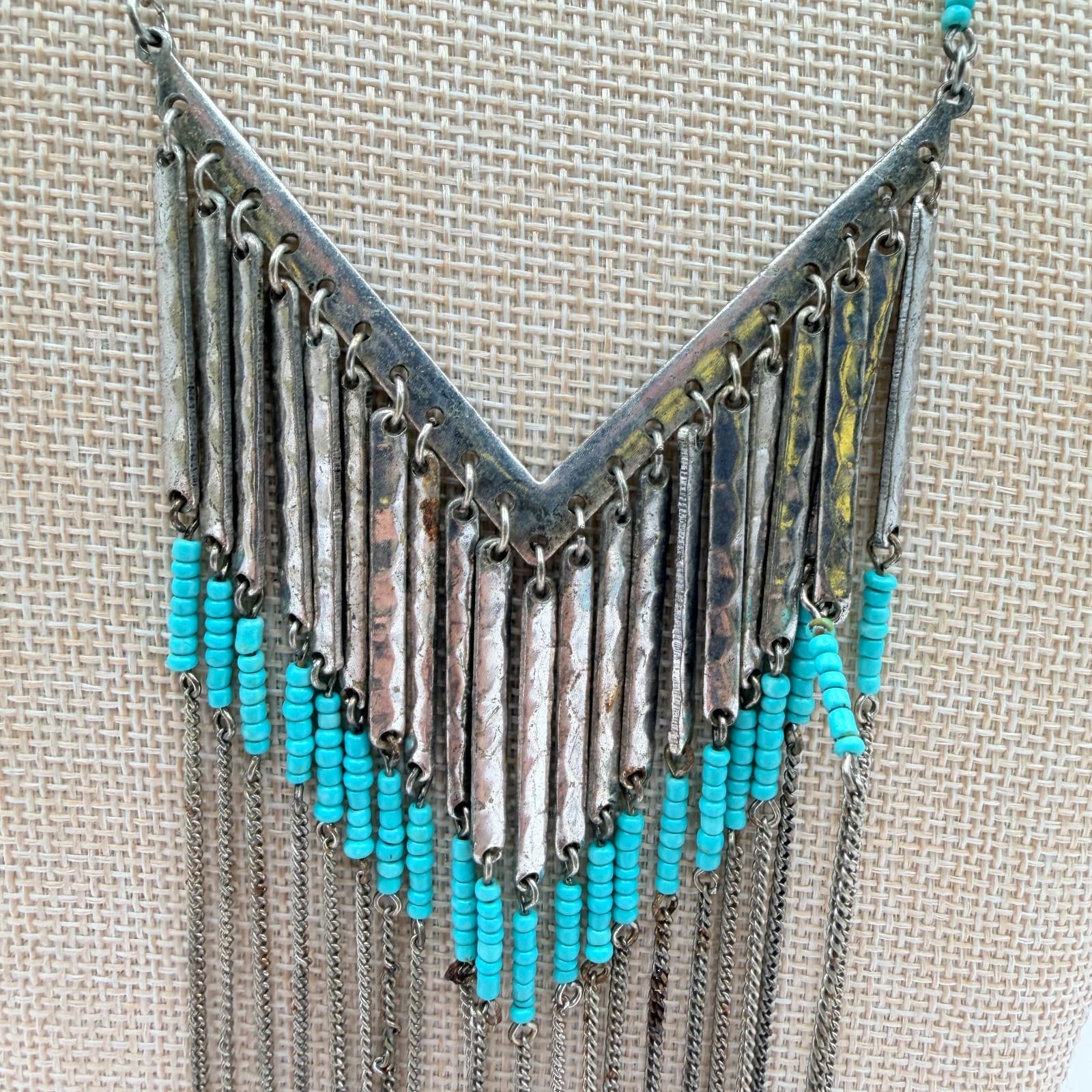 Vintage 90s Silver Tone Statement Fringe Necklace Blue Glass Beads V-Shape Boho - Thumbnail 4