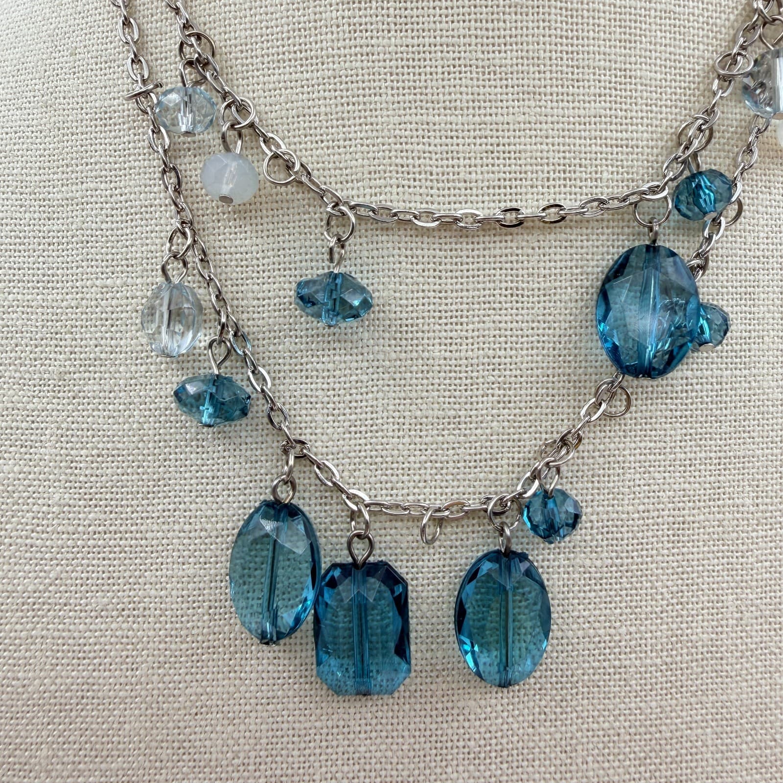 Vintage 90s Blue Glass Bead Double Strand Silver Tone Necklace Boho Fashion - Thumbnail 2