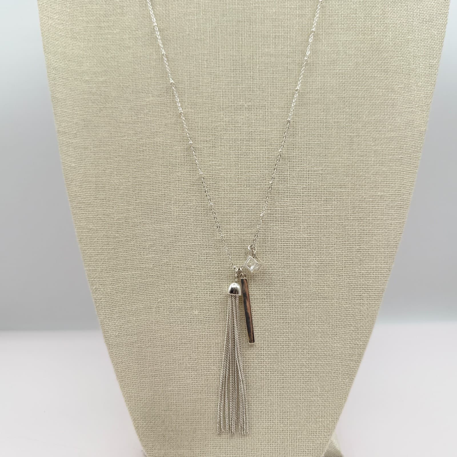 Vintage 90s SilverTone Tassel Bar Cube Glass Pendant Long Station Chain Necklace - Thumbnail 5