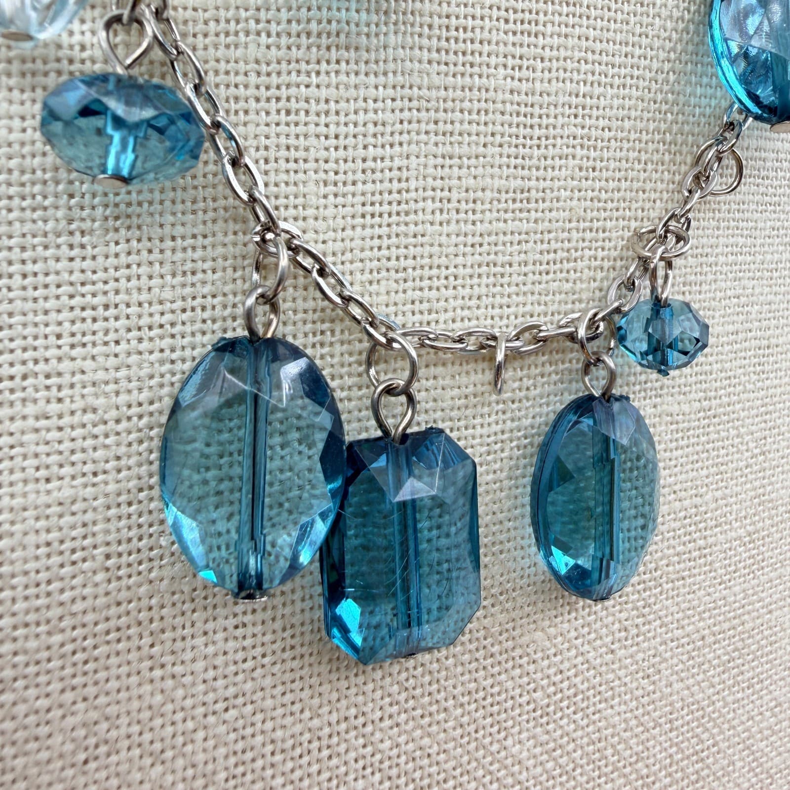 Vintage 90s Blue Glass Bead Double Strand Silver Tone Necklace Boho Fashion - Thumbnail 4