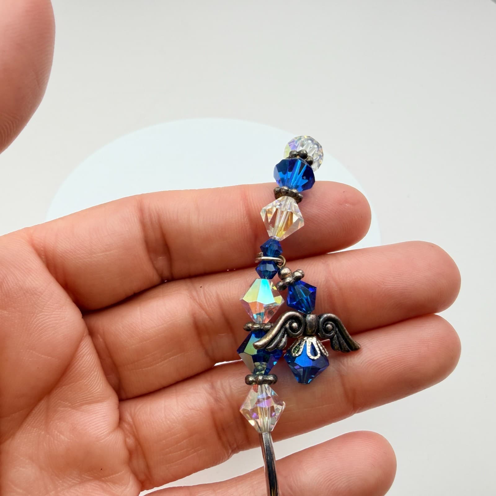 Vintage 80s Silver Tone Beaded Bracelet Sapphire Blue Charm Jewelry - Thumbnail 8