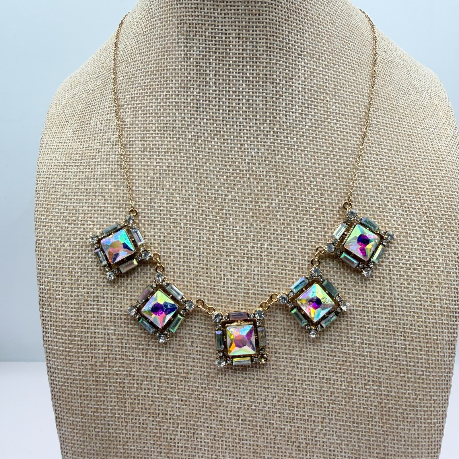 Vintage 80s Borealis Rhinestone Square Choker Statement Necklace Classic Jewelry - Thumbnail 6