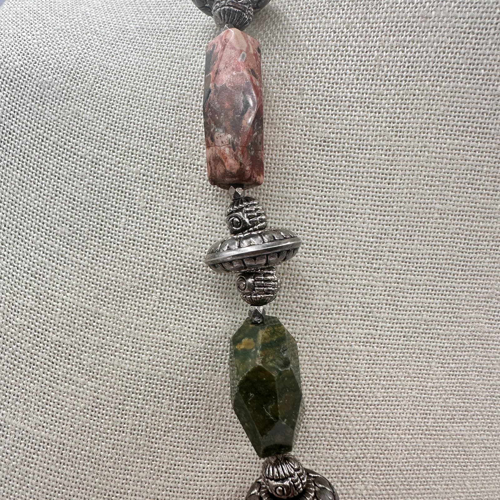 Vintage 80s Leopard Skin Jasper Beaded Statement Necklace Silver Tone Jewelry - Thumbnail 6