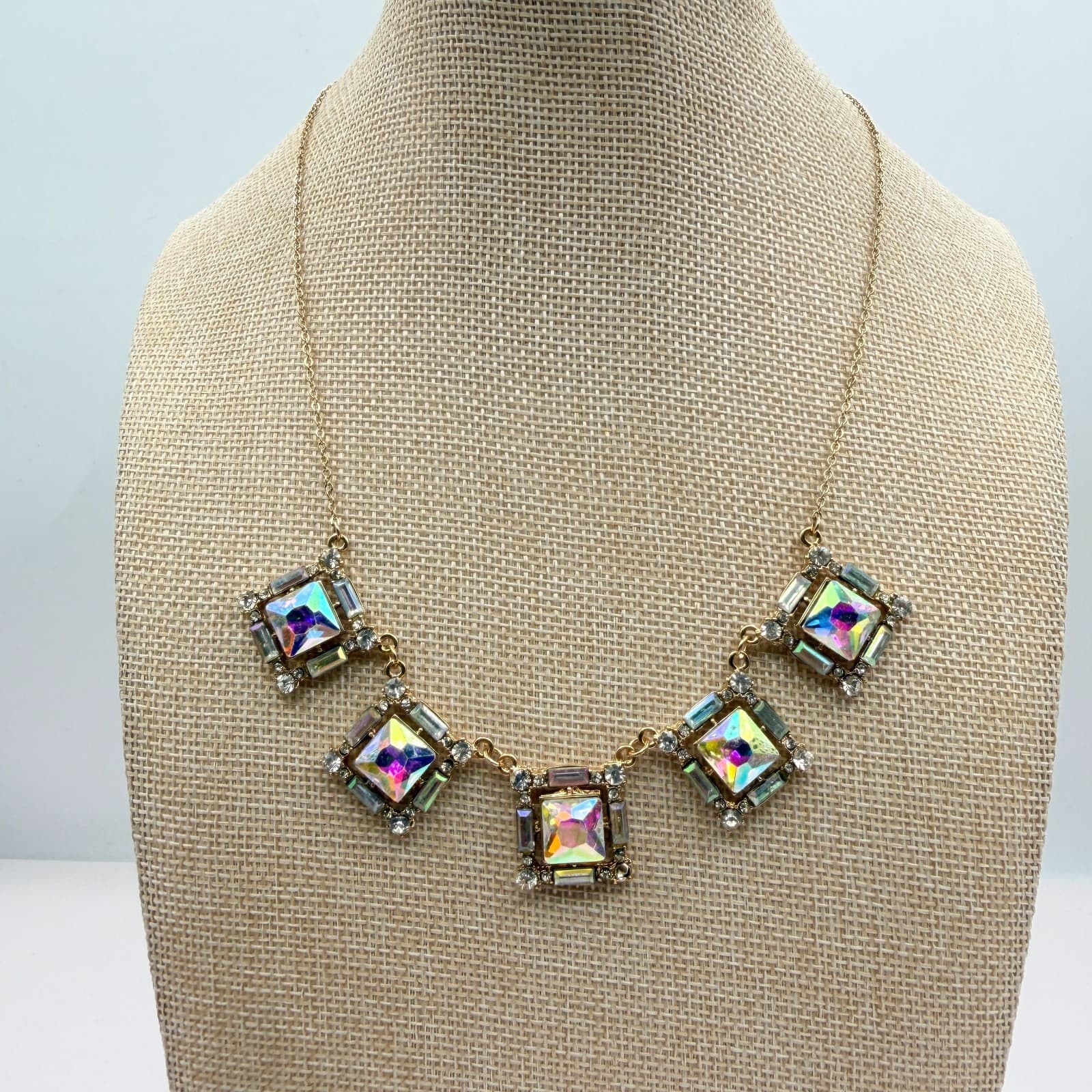 Vintage 80s Borealis Rhinestone Square Choker Statement Necklace Classic Jewelry - Thumbnail 2