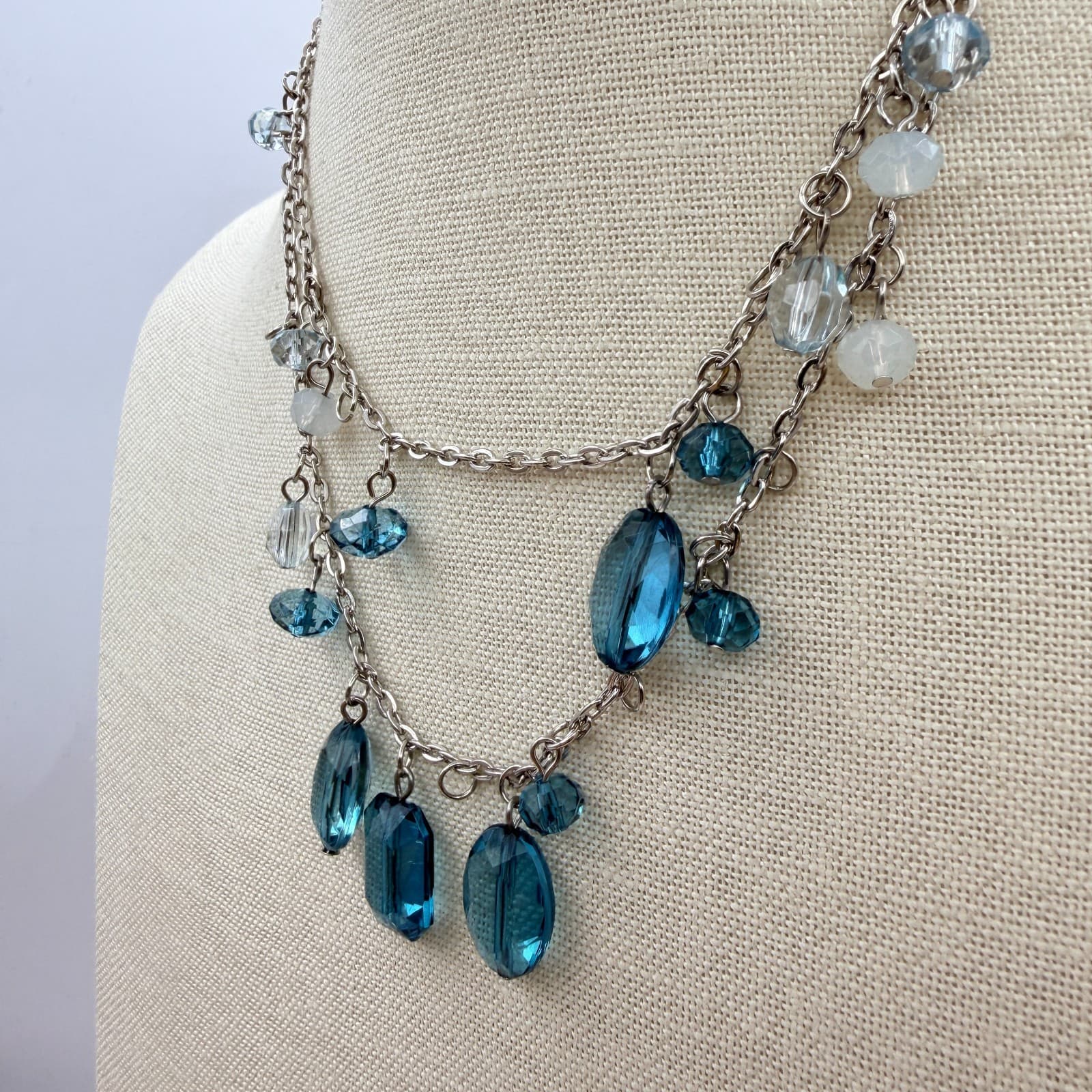 Vintage 90s Blue Glass Bead Double Strand Silver Tone Necklace Boho Fashion - Thumbnail 6