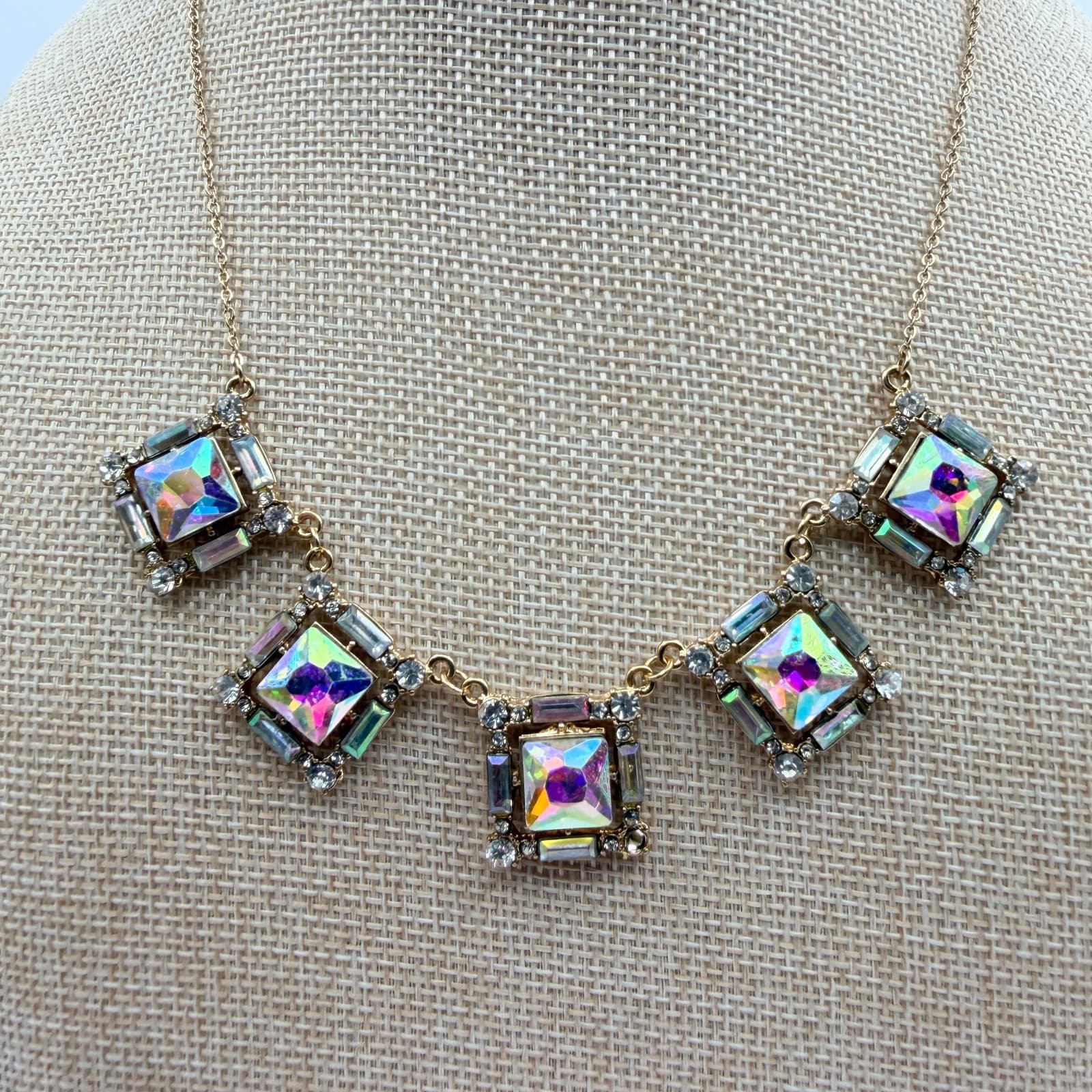 Vintage 80s Borealis Rhinestone Square Choker Statement Necklace Classic Jewelry - Thumbnail 3