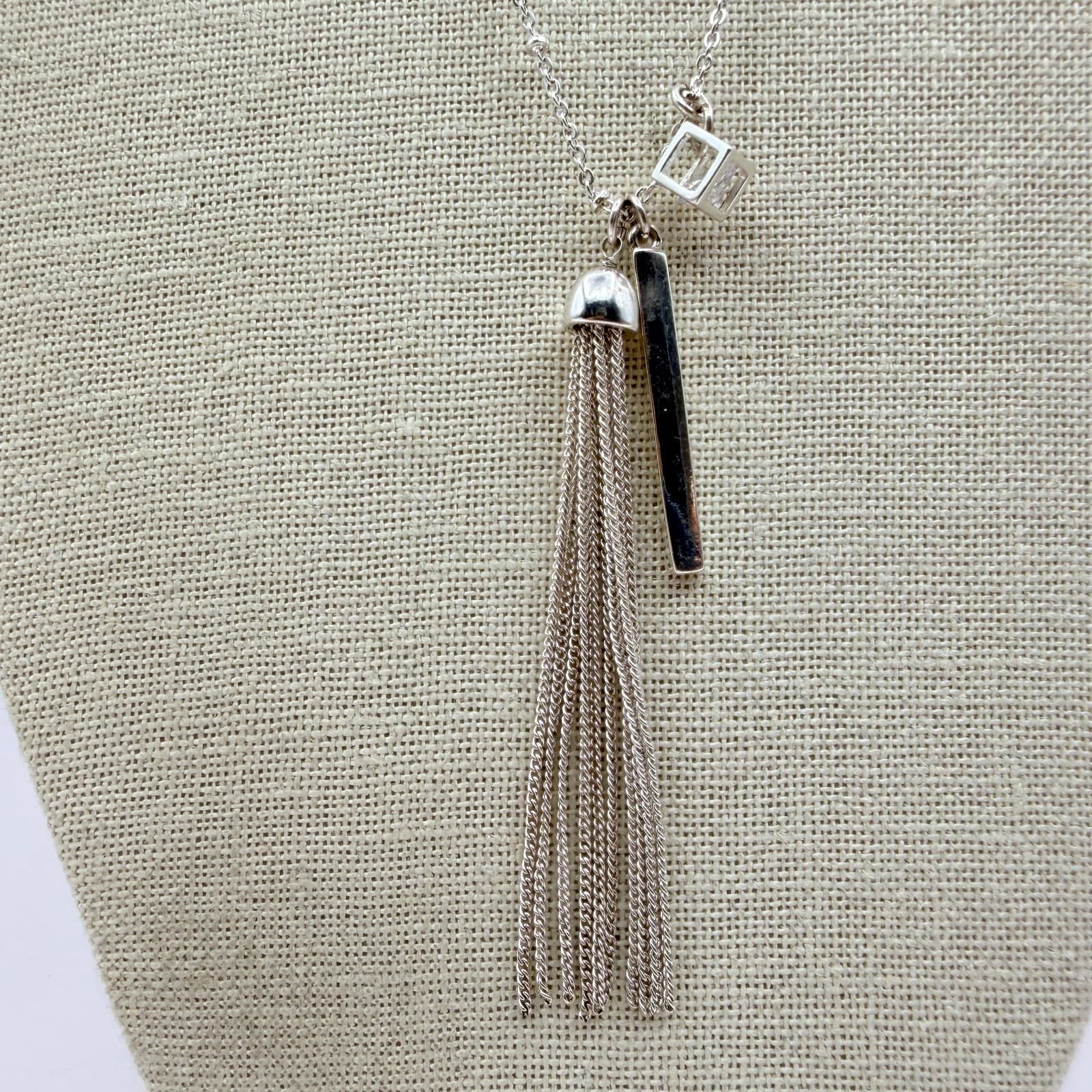 Vintage 90s SilverTone Tassel Bar Cube Glass Pendant Long Station Chain Necklace - Image 1