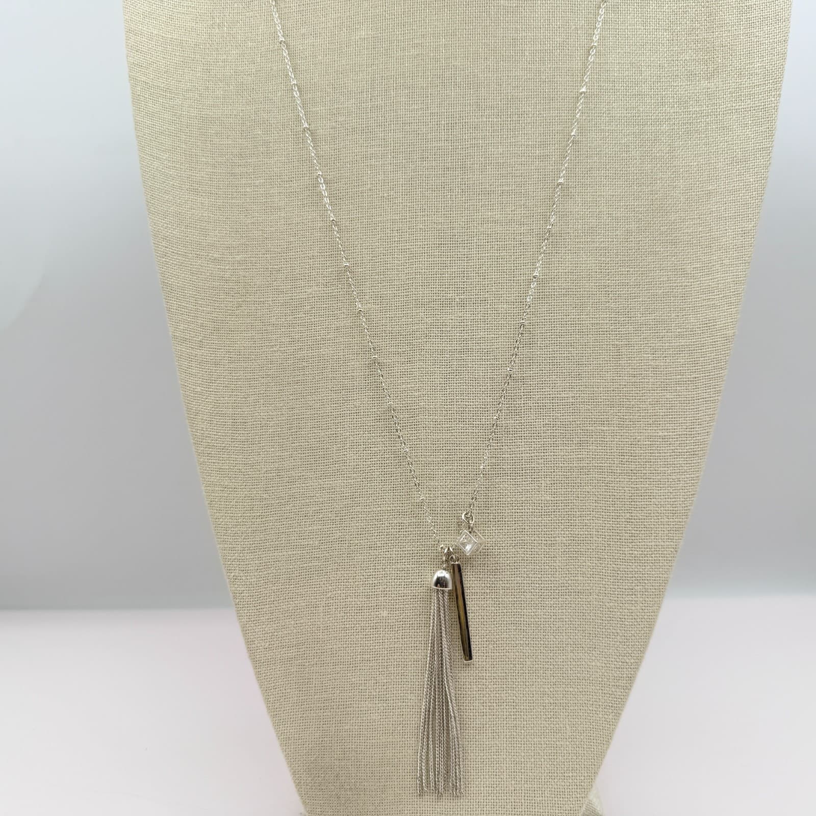 Vintage 90s SilverTone Tassel Bar Cube Glass Pendant Long Station Chain Necklace - Thumbnail 6