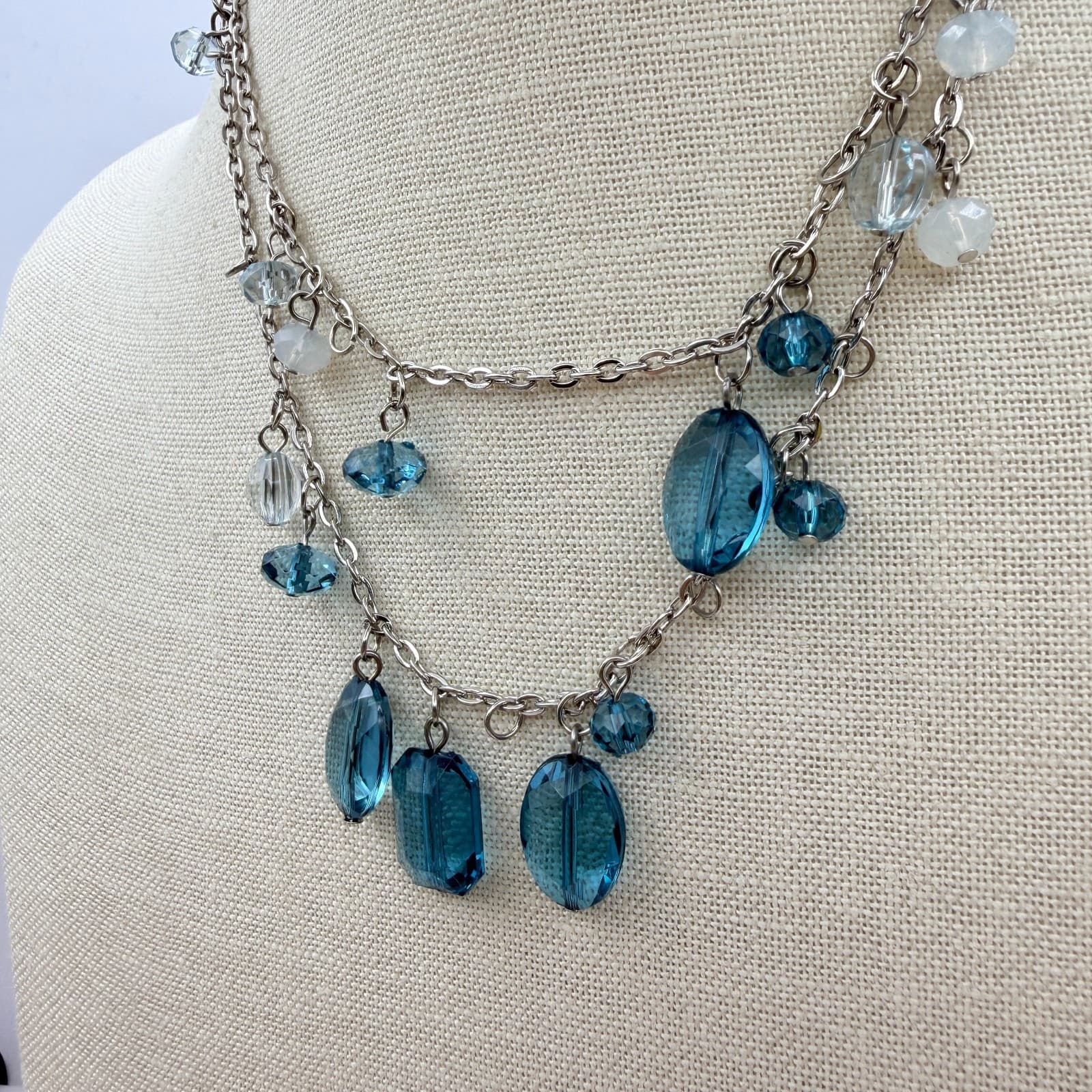 Vintage 90s Blue Glass Bead Double Strand Silver Tone Necklace Boho Fashion - Thumbnail 5