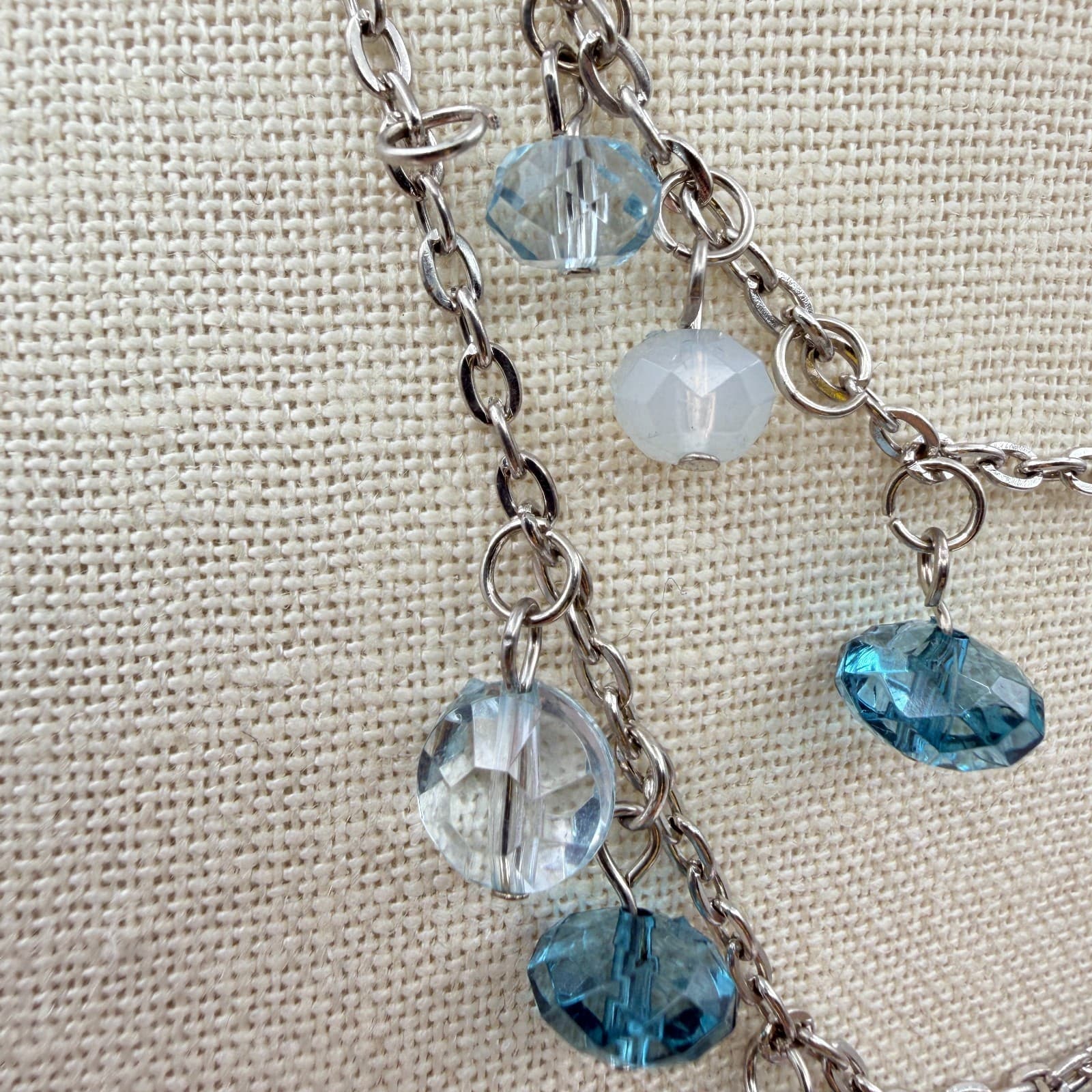 Vintage 90s Blue Glass Bead Double Strand Silver Tone Necklace Boho Fashion - Thumbnail 3