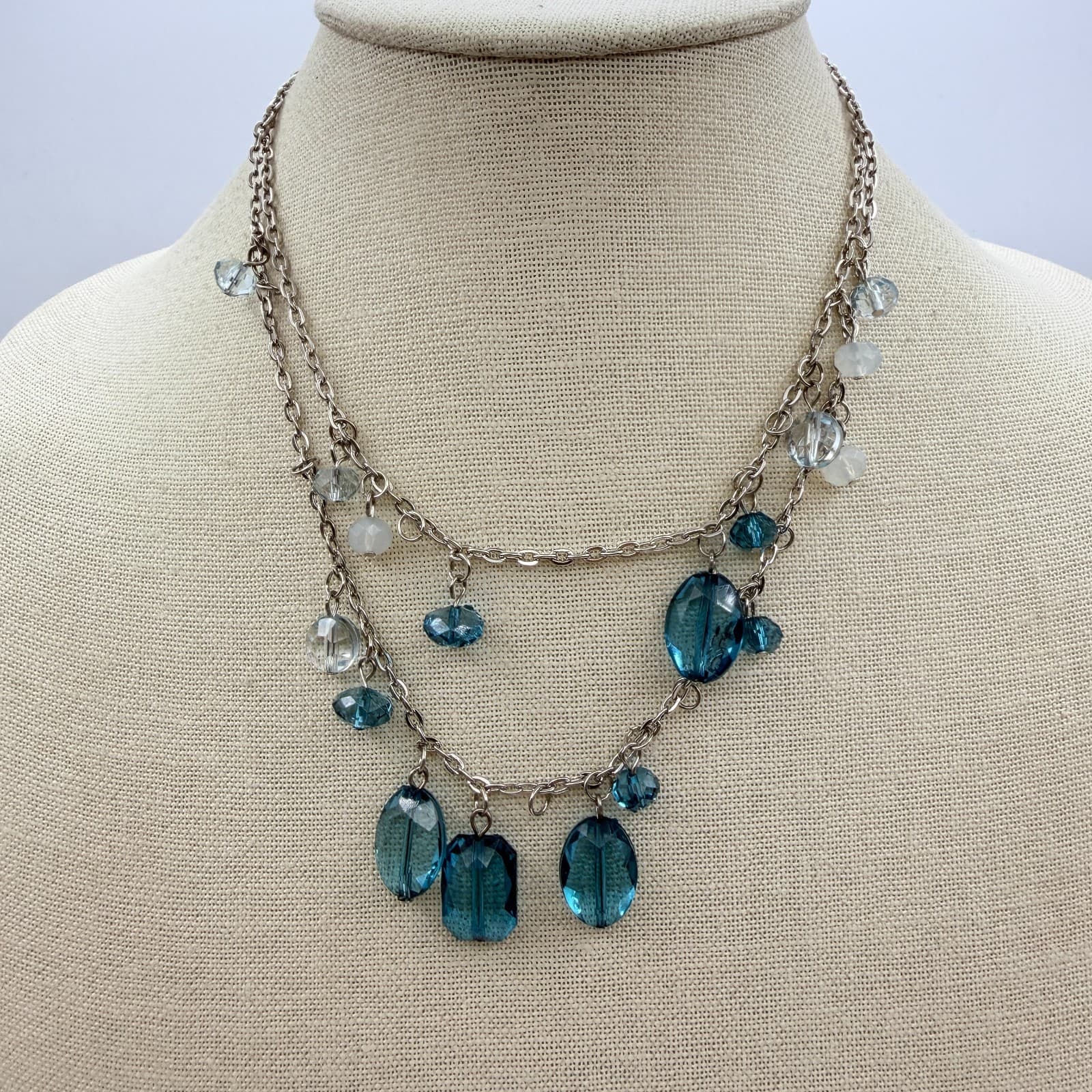 Vintage 90s Blue Glass Bead Double Strand Silver Tone Necklace Boho Fashion - Thumbnail 9