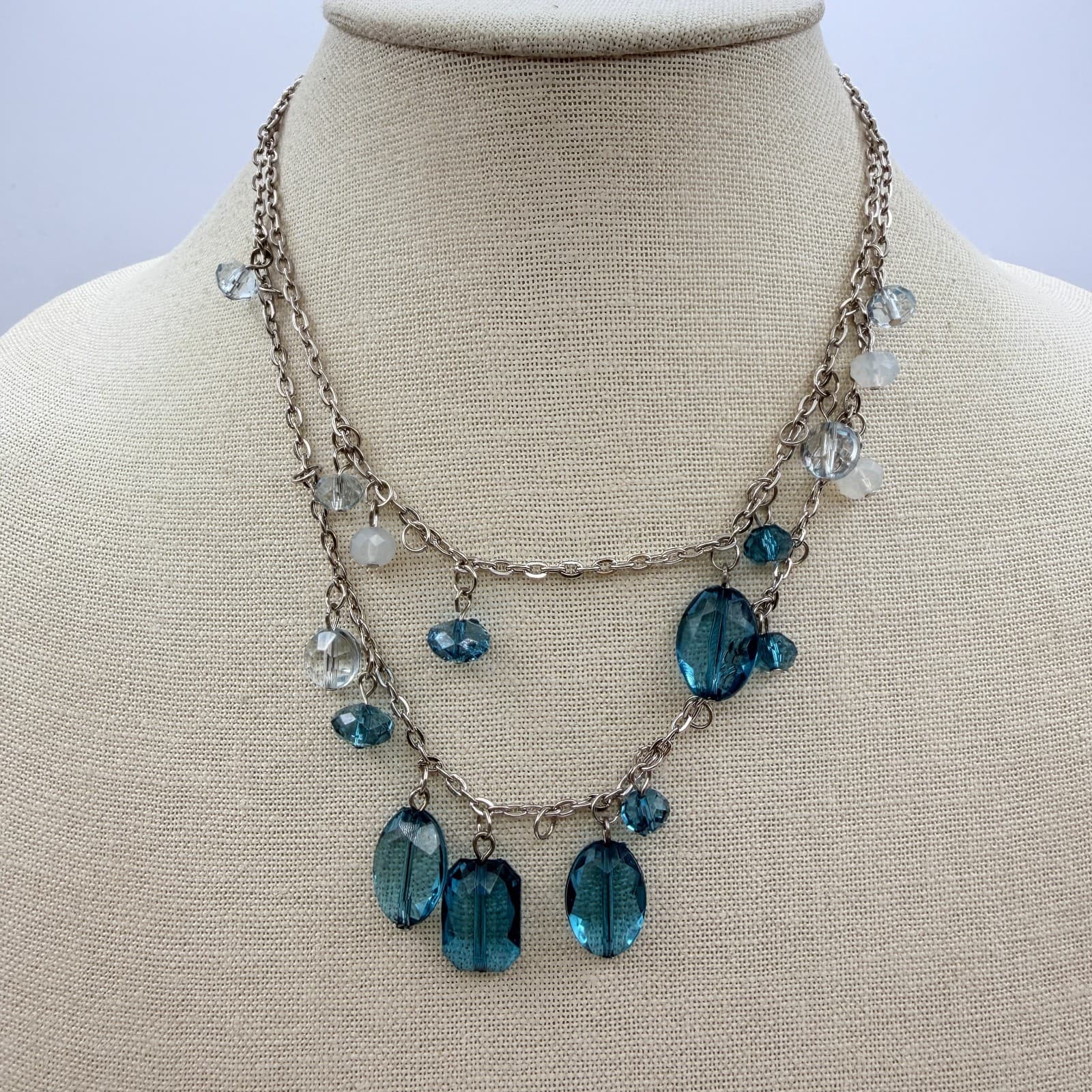 Vintage 90s Blue Glass Bead Double Strand Silver Tone Necklace Boho Fashion - Thumbnail 7