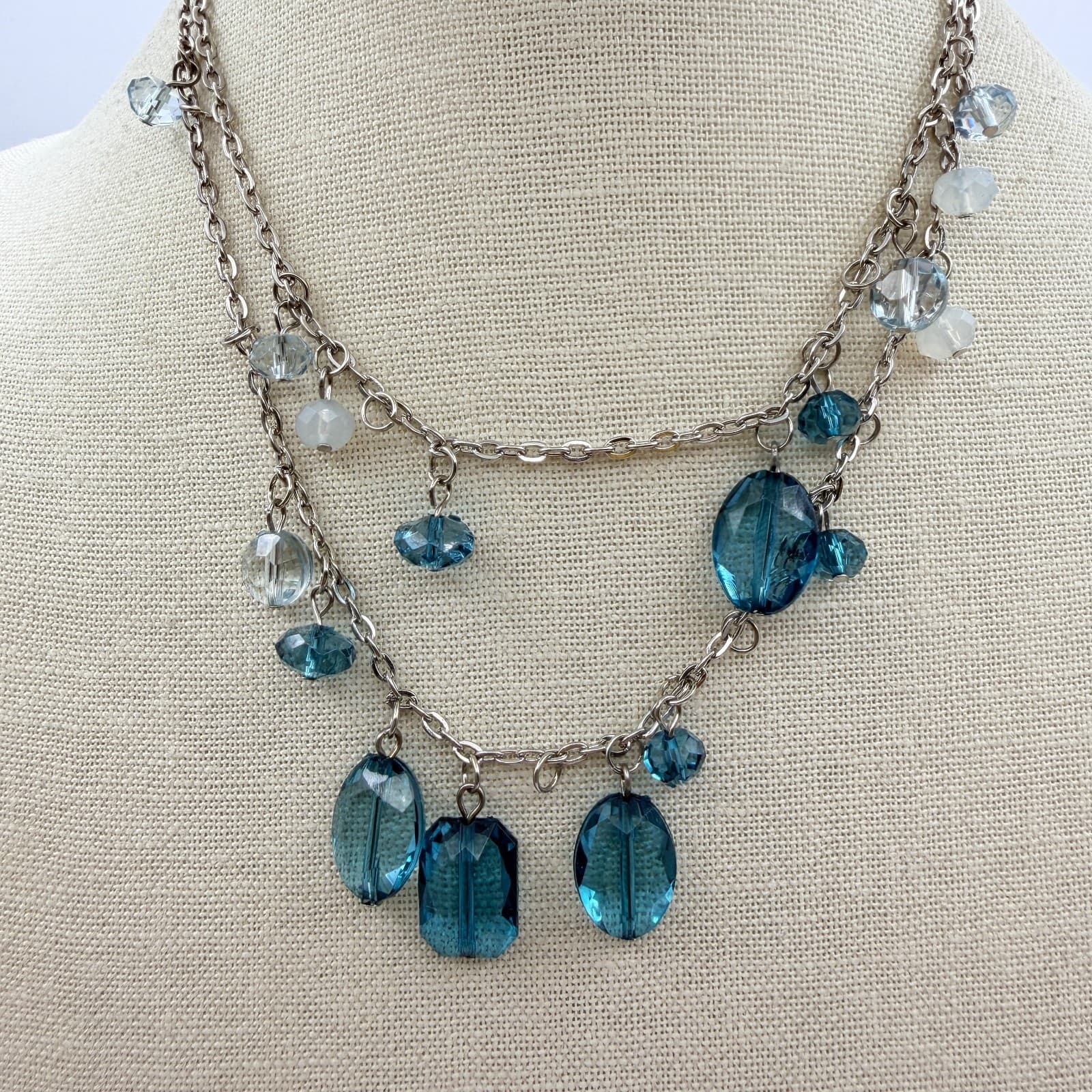 Vintage 90s Blue Glass Bead Double Strand Silver Tone Necklace Boho Fashion - Thumbnail 8