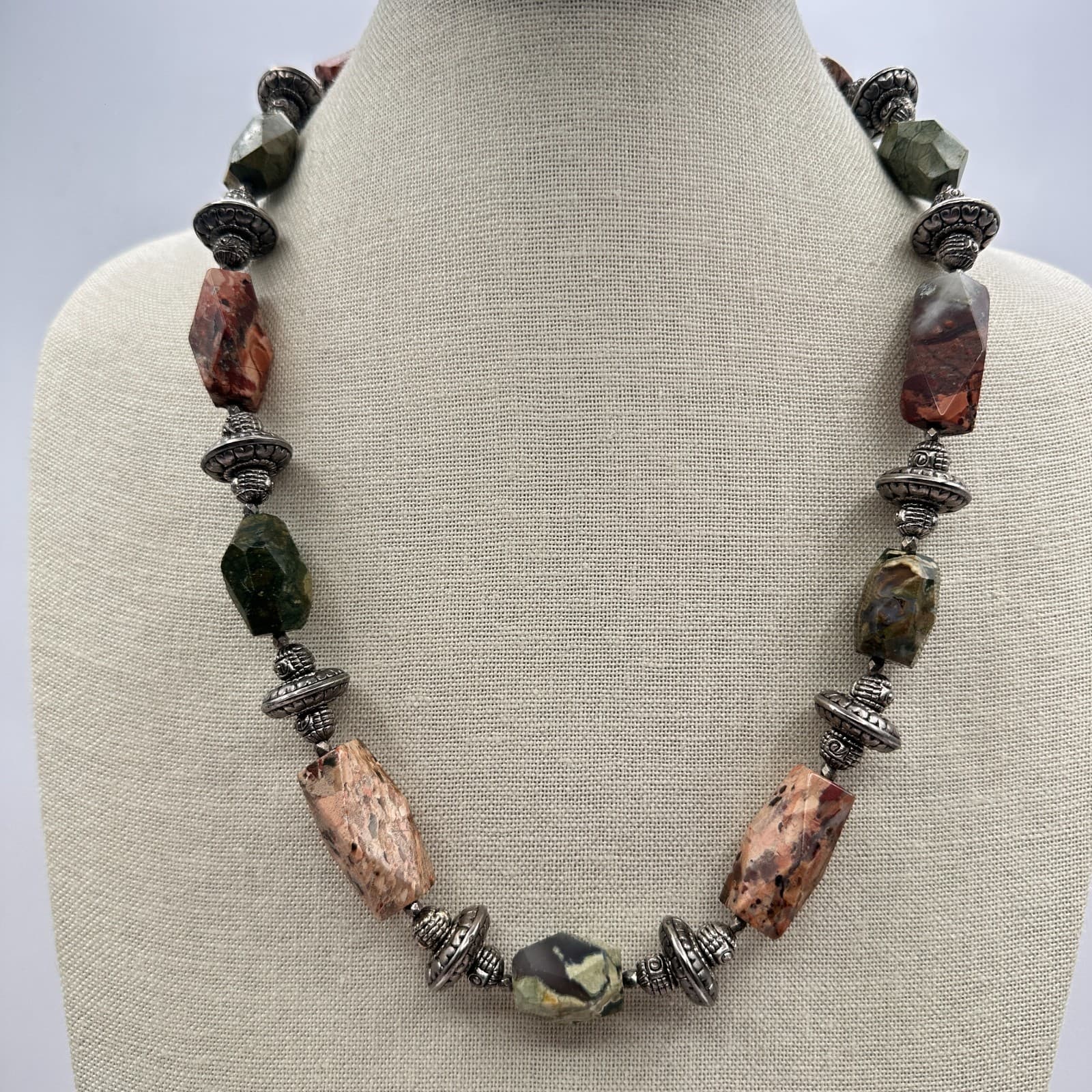 Vintage 80s Leopard Skin Jasper Beaded Statement Necklace Silver Tone Jewelry - Thumbnail 5