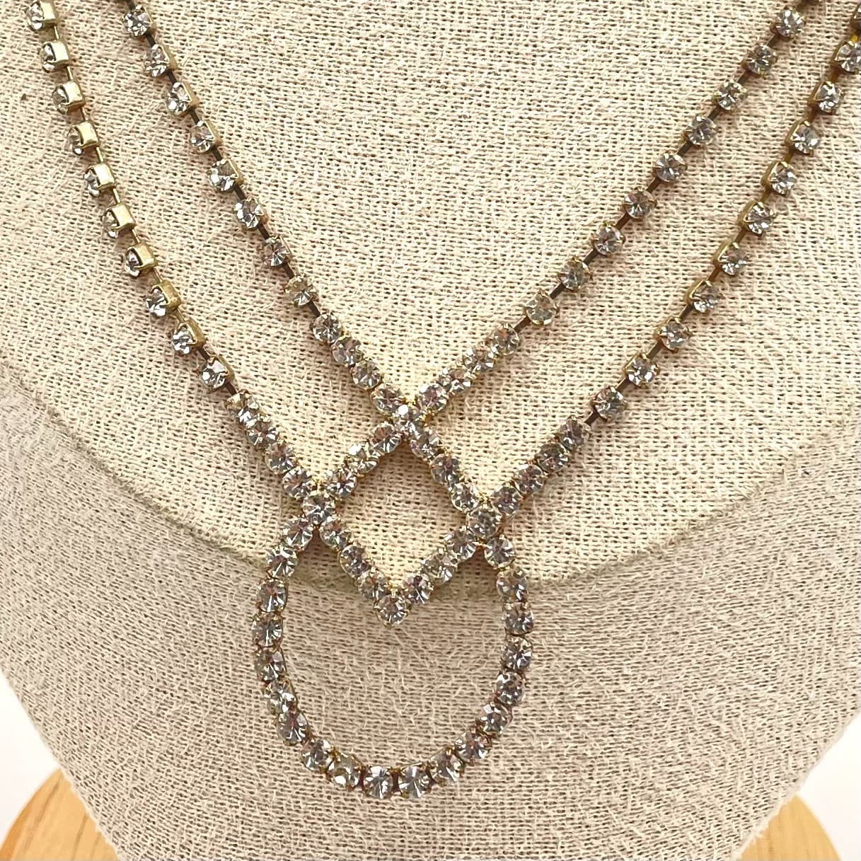Vintage Gold Tone Rhinestone Layered Festoon Necklace Geometric Drop Statement - Thumbnail 2