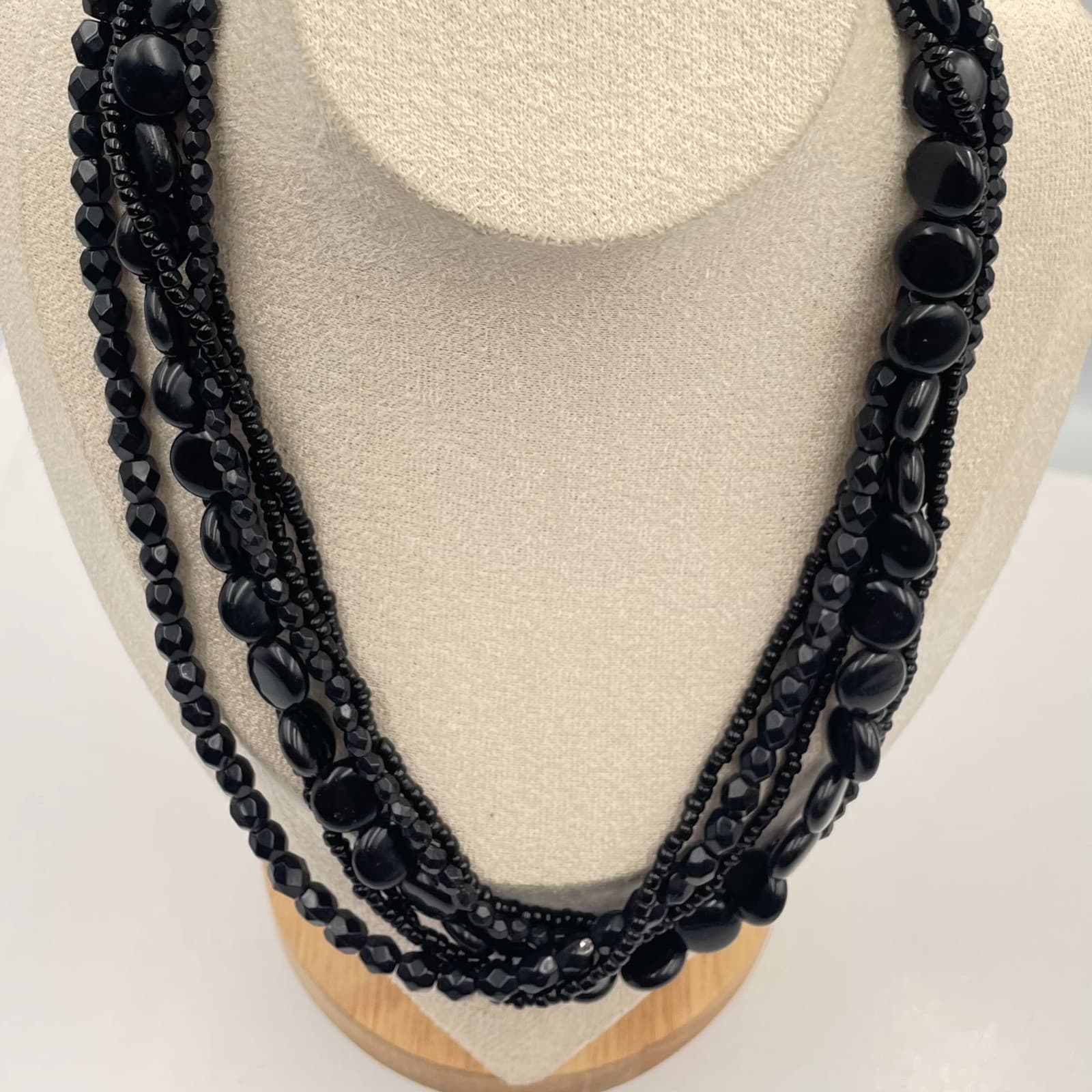 Vintage Black Multi Strand Statement Necklace Chunky Beaded Layered Bib Jewelry - Thumbnail 2