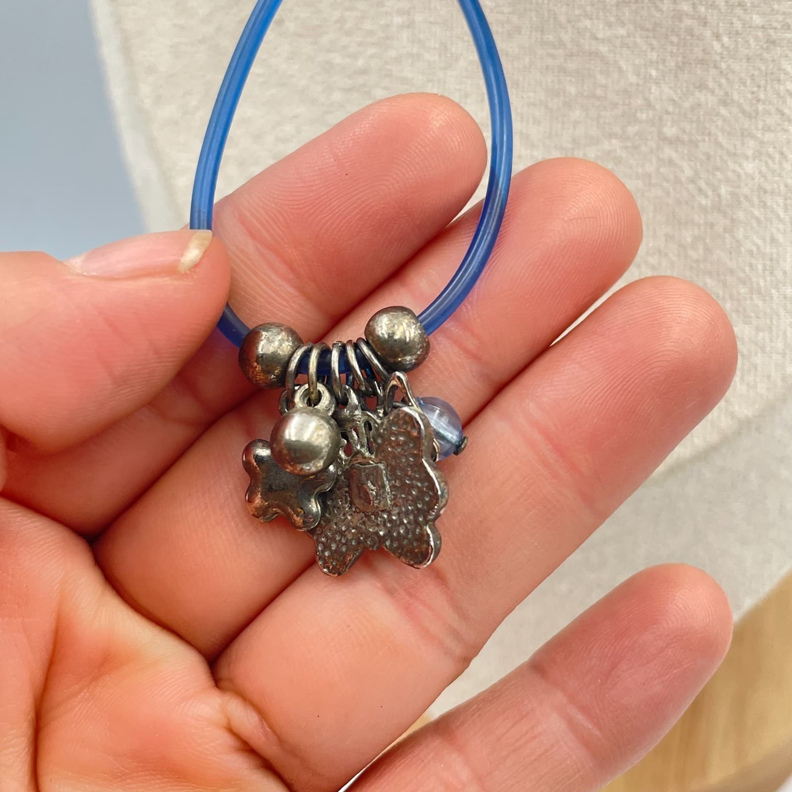 Vintage Y2K Blue Rubber Cord Necklace Butterfly Flower Charms Enamel Goth Grunge - Thumbnail 4