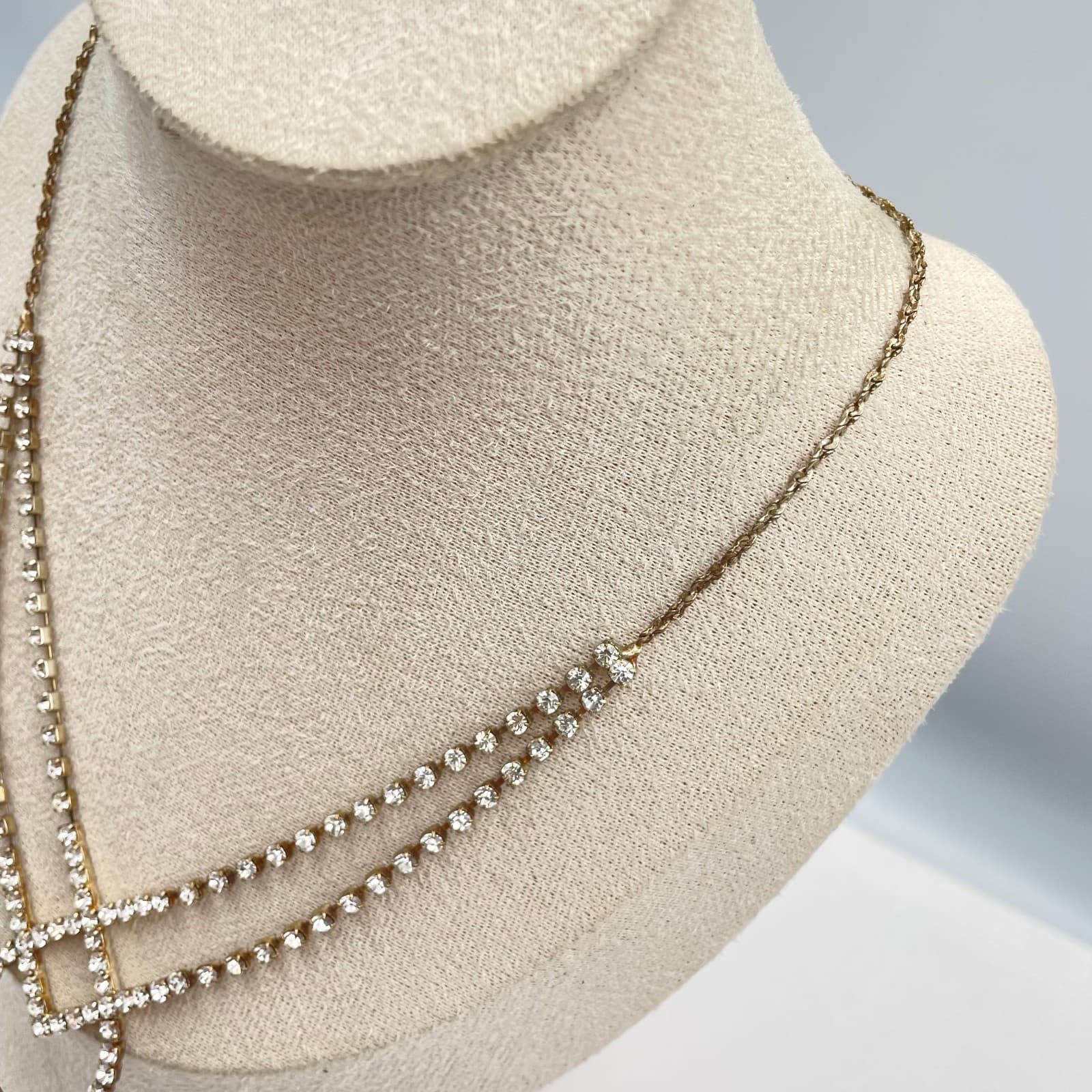 Vintage Gold Tone Rhinestone Layered Festoon Necklace Geometric Drop Statement - Thumbnail 3