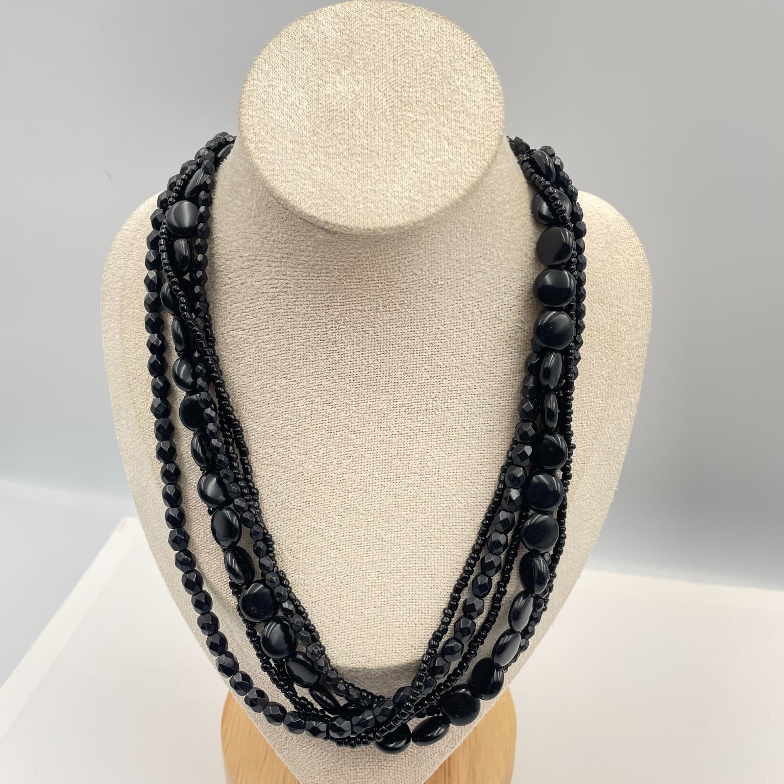 Vintage Black Multi Strand Statement Necklace Chunky Beaded Layered Bib Jewelry - Image 1