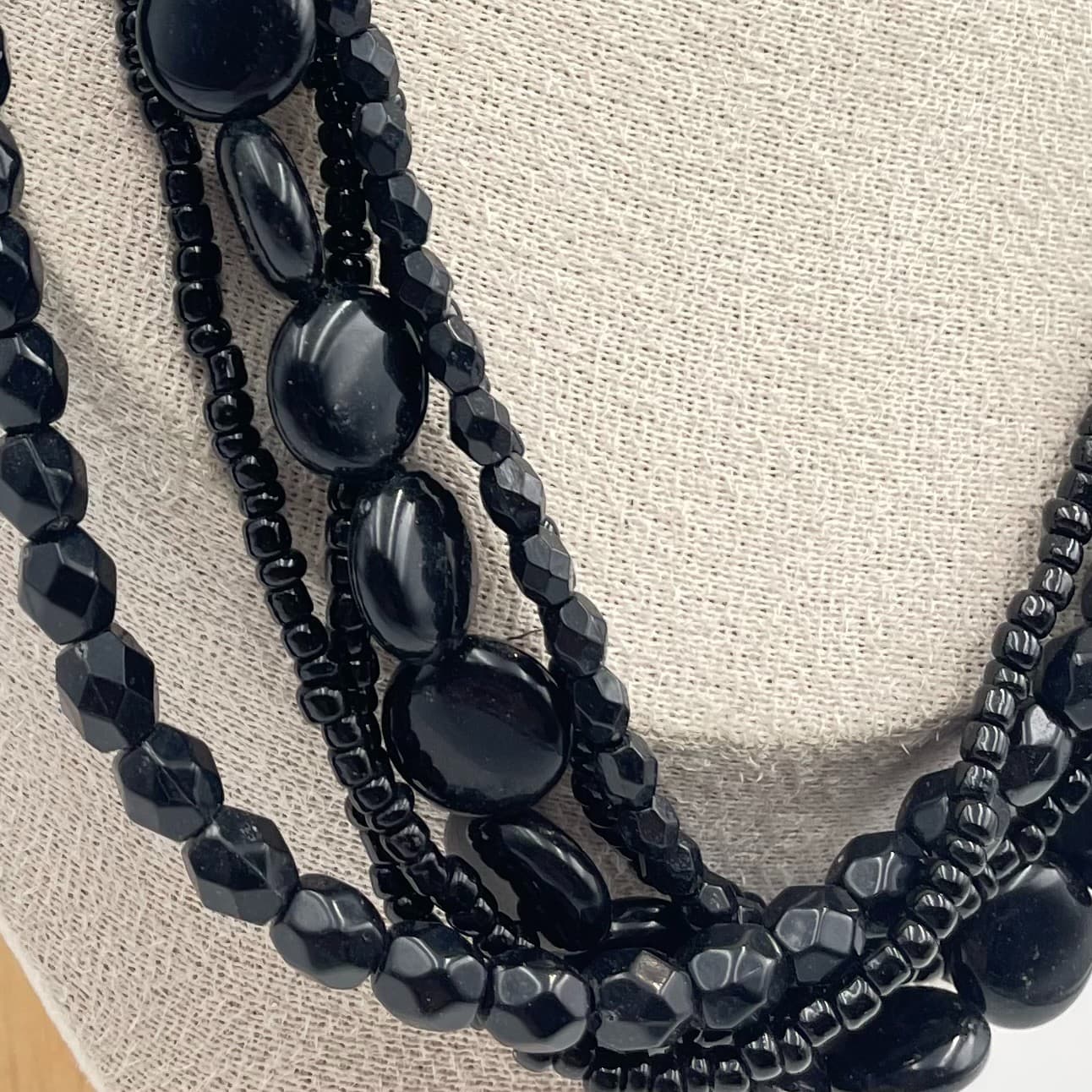 Vintage Black Multi Strand Statement Necklace Chunky Beaded Layered Bib Jewelry - Thumbnail 3