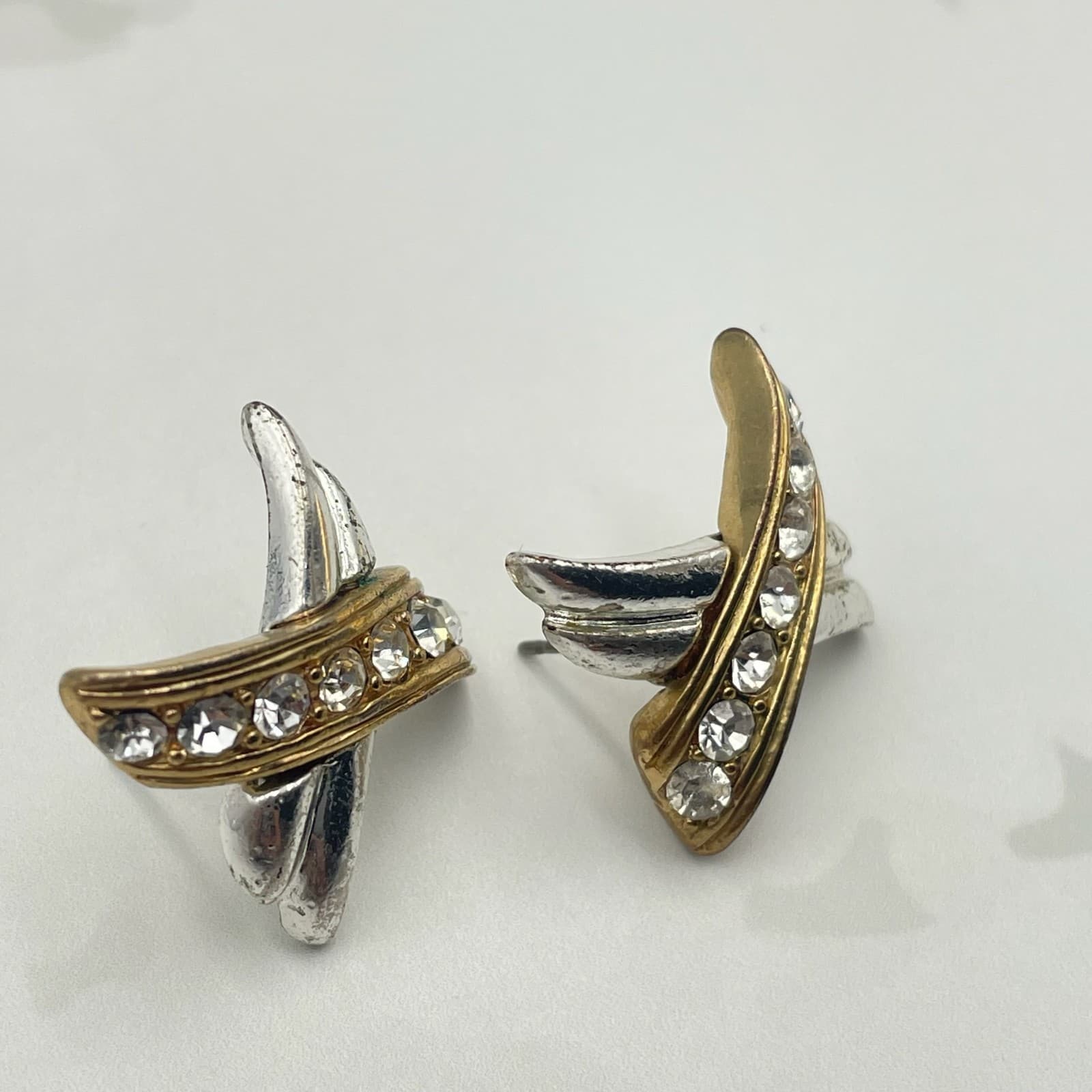 Vintage VTG Crisscross X Hugs Kisses Stud Earrings Two Tone Clear Rhinestone - Thumbnail 11