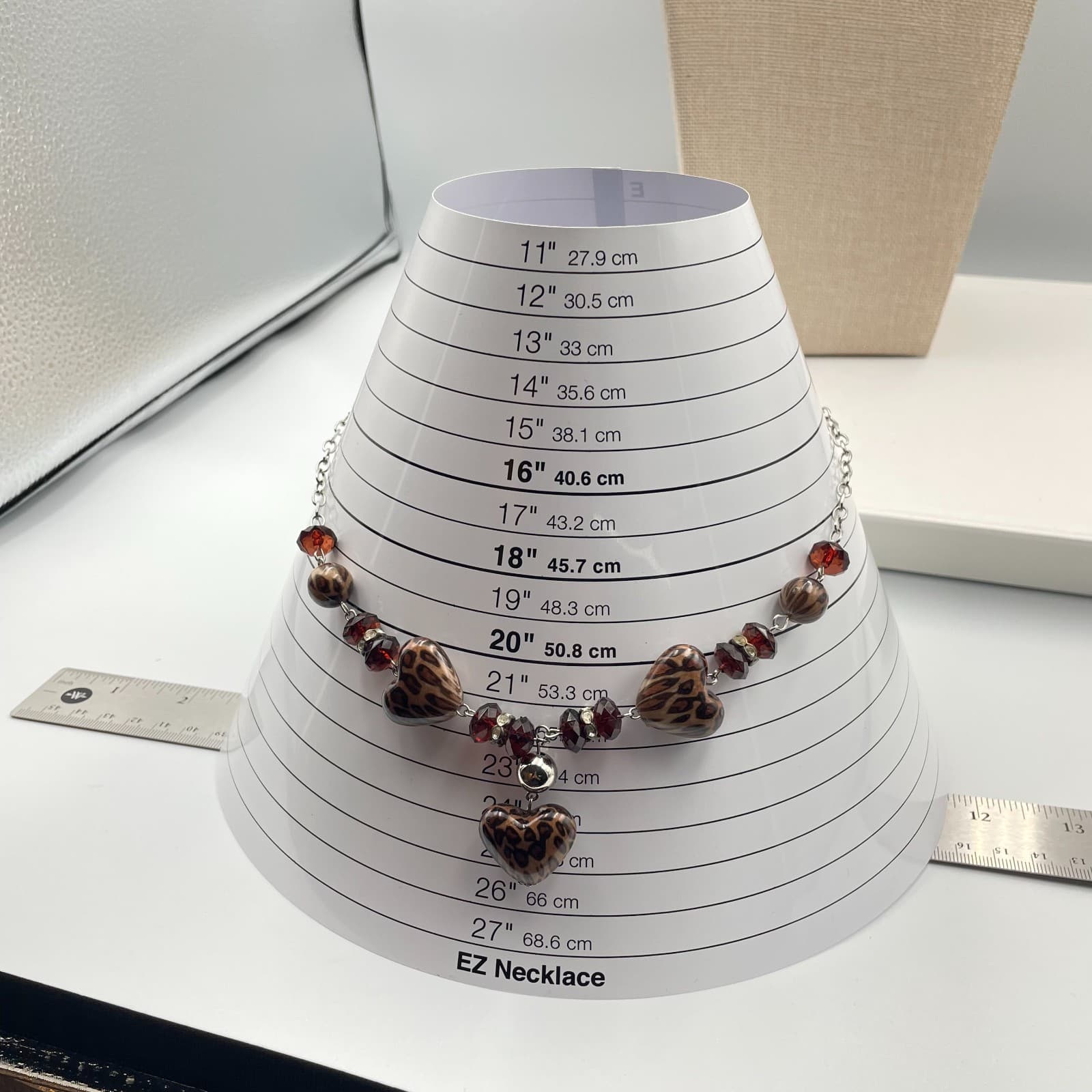 Vtg Leopard Print Heart Pendant Necklace Brown Animal Print Beads Silver Tone - Thumbnail 9