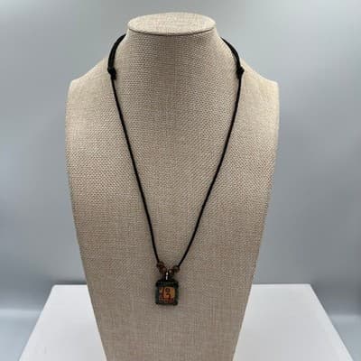 VTG Adjustable Cord Tribal Style Square Maya glyph Pendant Necklace Wood Beads - Thumbnail 2