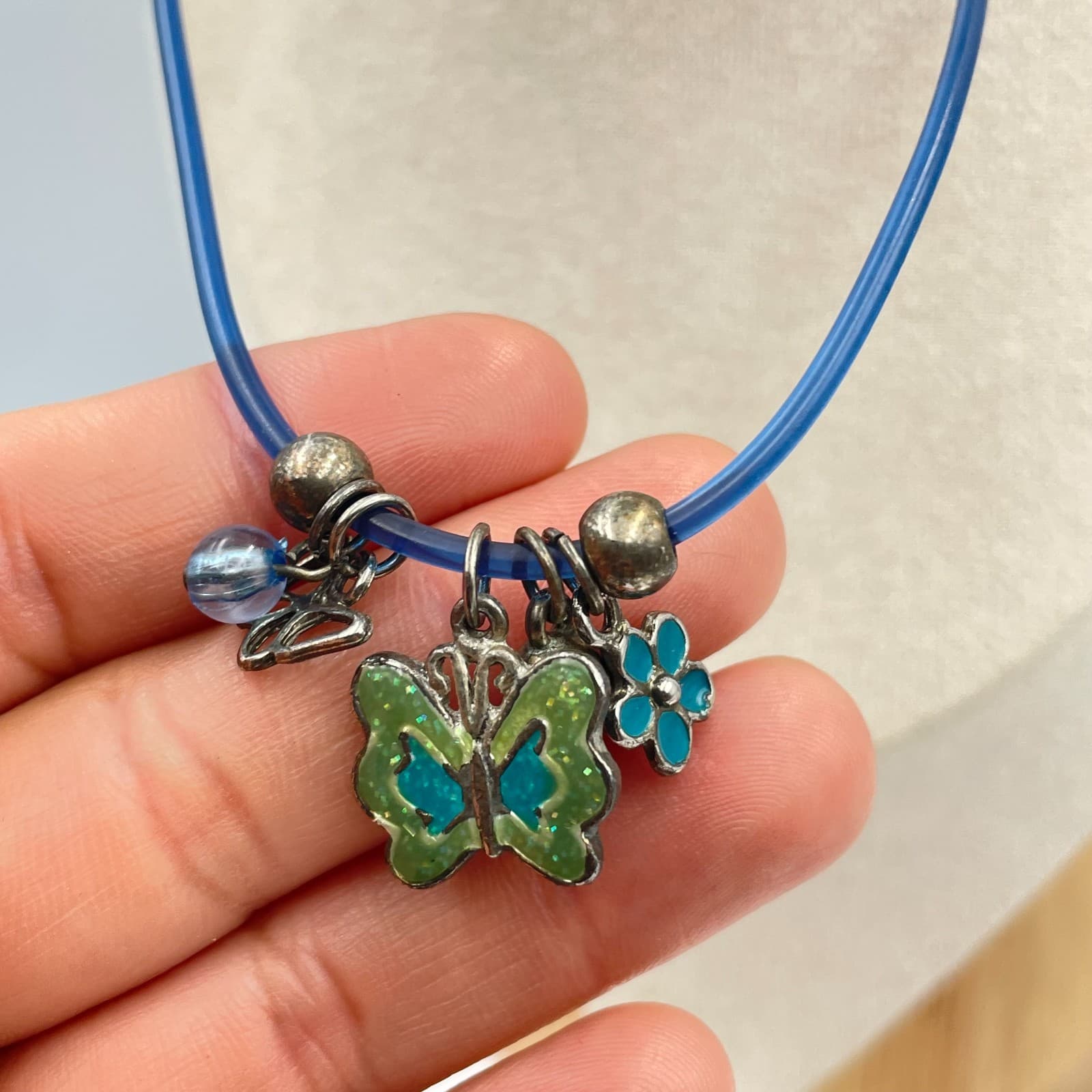 Vintage Y2K Blue Rubber Cord Necklace Butterfly Flower Charms Enamel Goth Grunge - Thumbnail 5