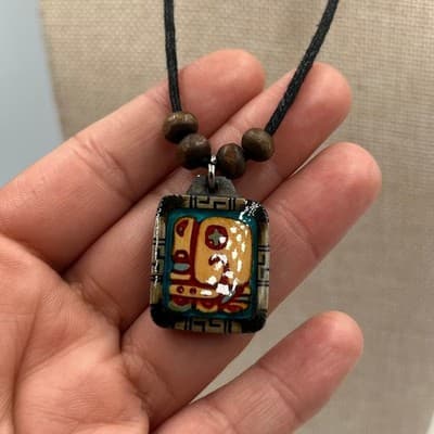 VTG Adjustable Cord Tribal Style Square Maya glyph Pendant Necklace Wood Beads - Thumbnail 5