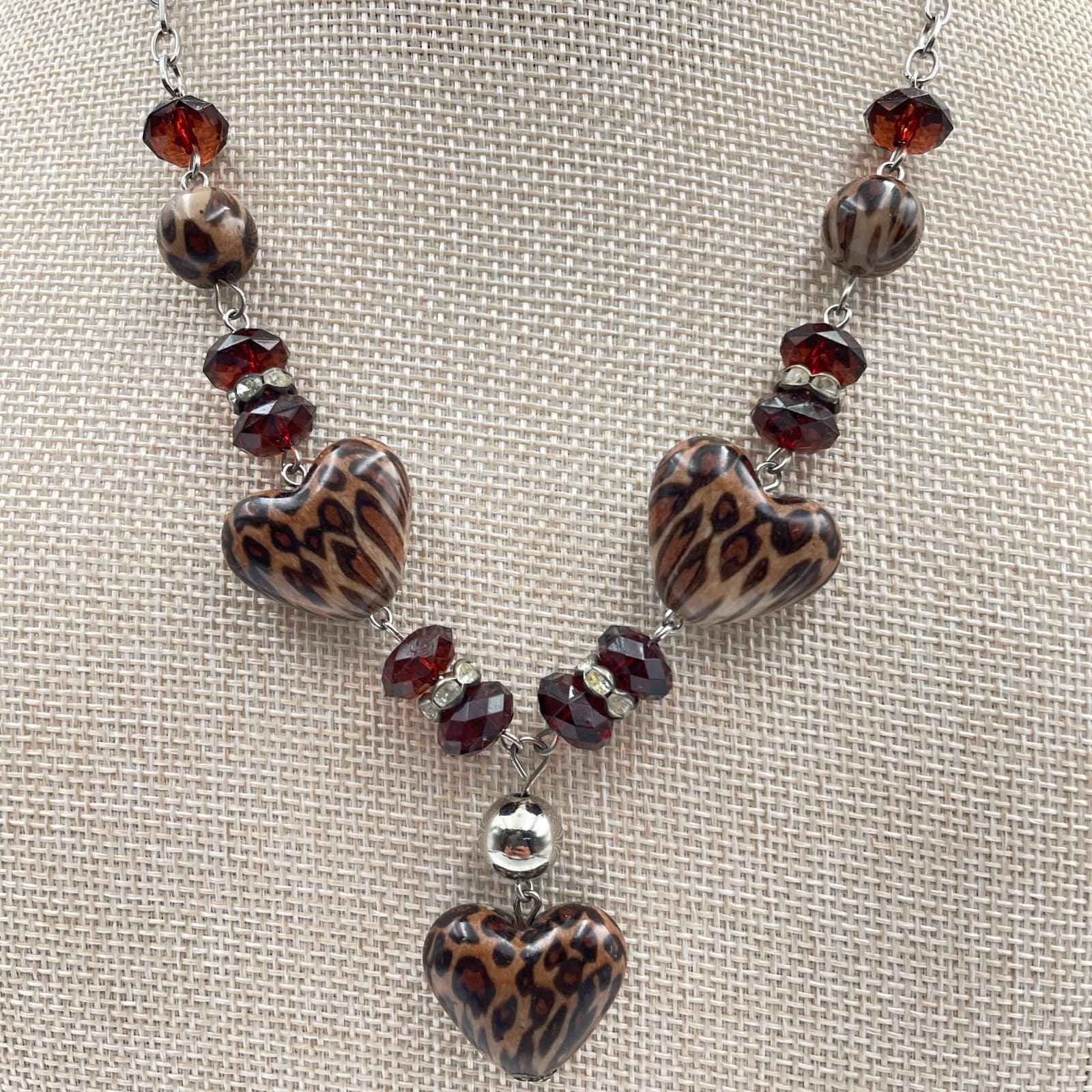 Vtg Leopard Print Heart Pendant Necklace Brown Animal Print Beads Silver Tone - Thumbnail 3