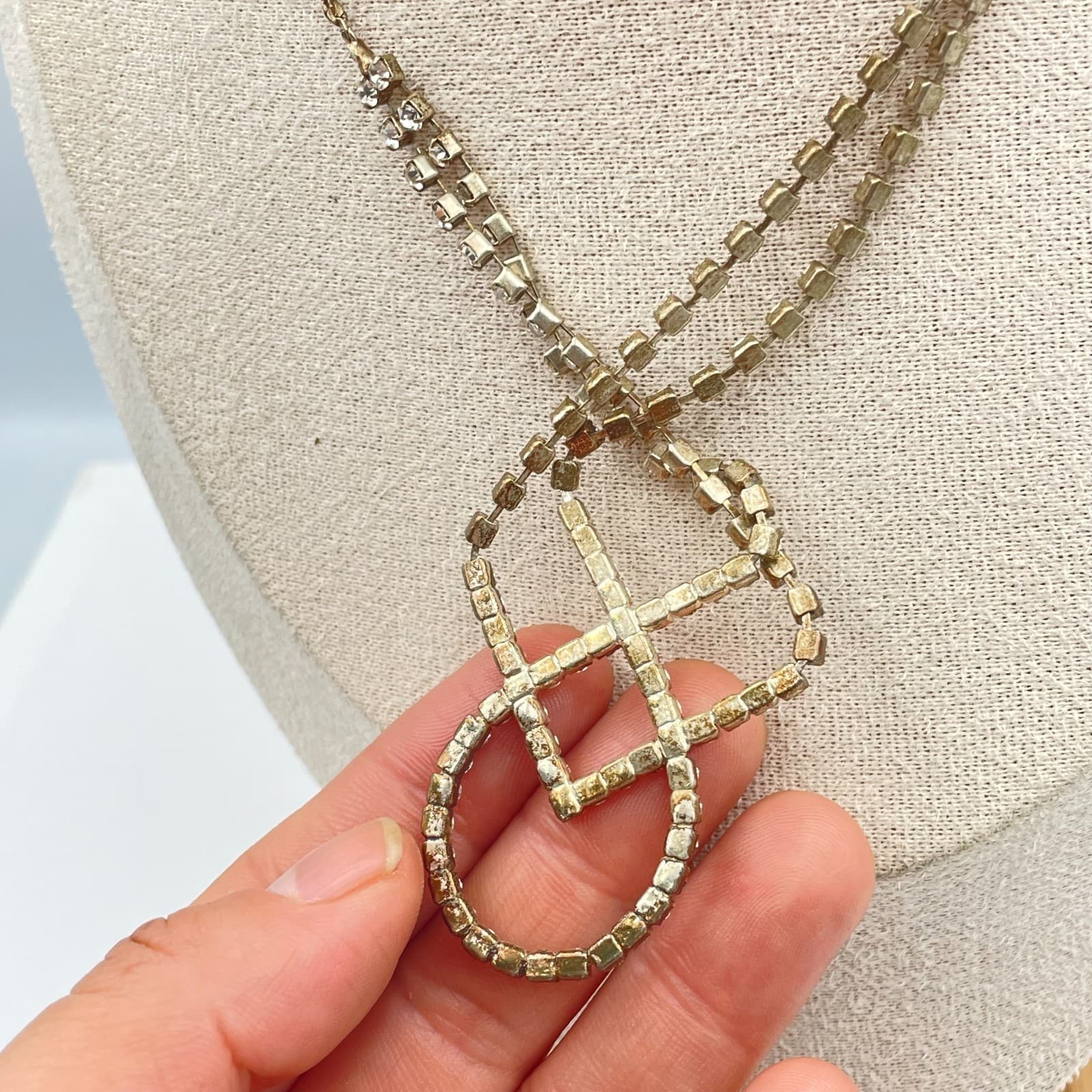 Vintage Gold Tone Rhinestone Layered Festoon Necklace Geometric Drop Statement - Thumbnail 5