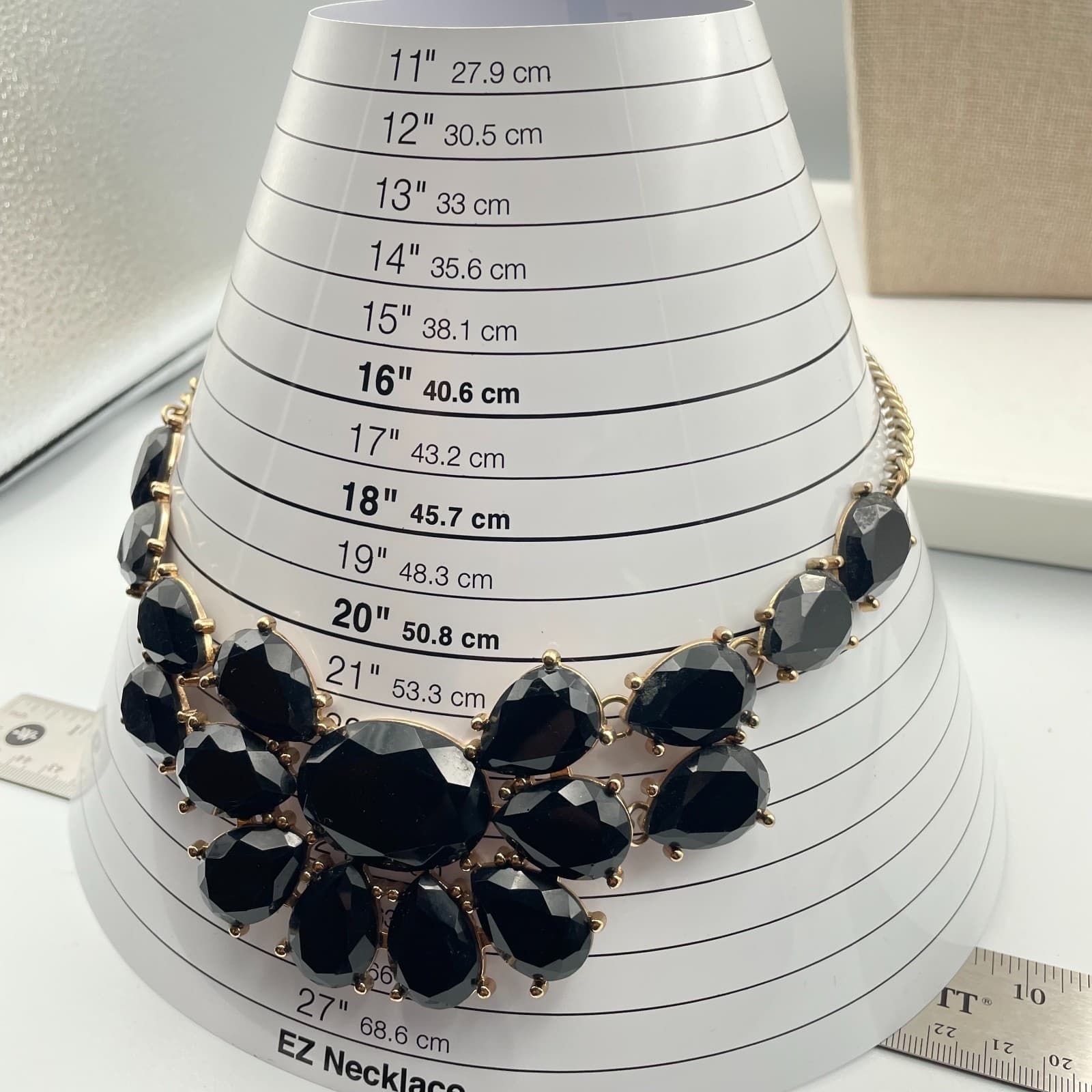 Vtg Statement Necklace Black Gold Tone Bib Fringe Chunky Teardrop Cluster Boho - Thumbnail 7