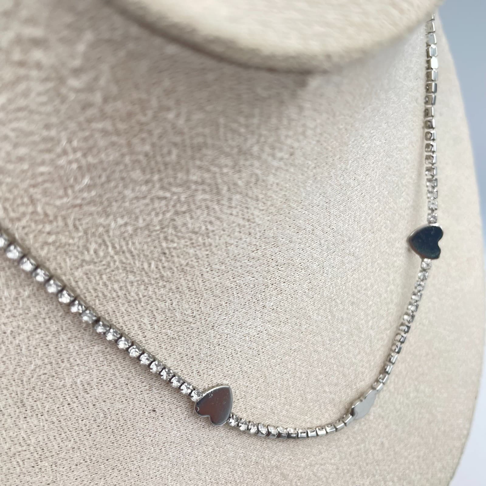 Vtg Silver Rhinestone Heart Tennis Necklace Choker Adjustable Crystal Prom Gift - Thumbnail 4