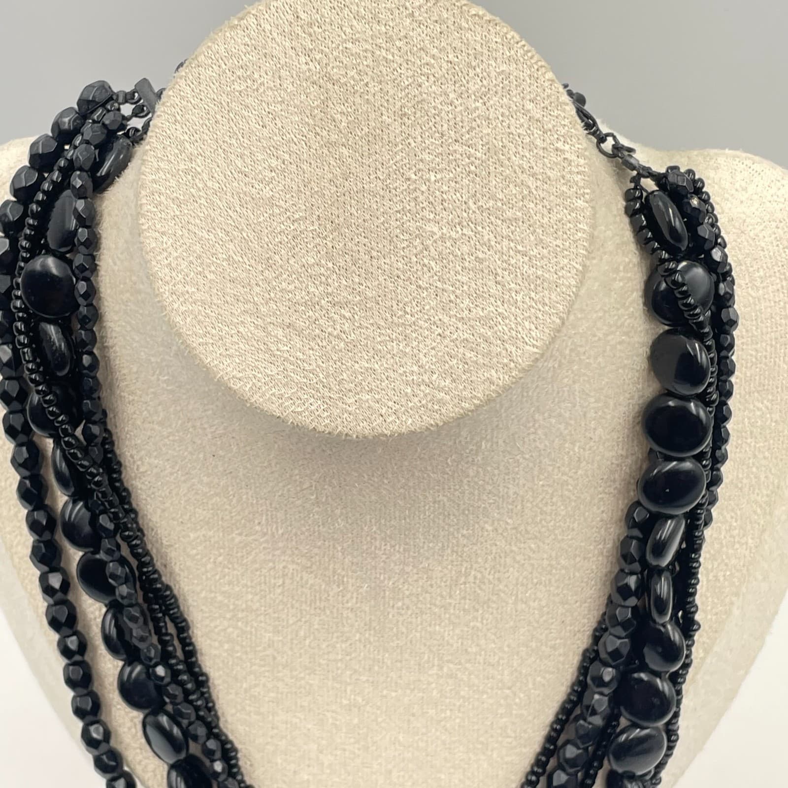 Vintage Black Multi Strand Statement Necklace Chunky Beaded Layered Bib Jewelry - Thumbnail 5