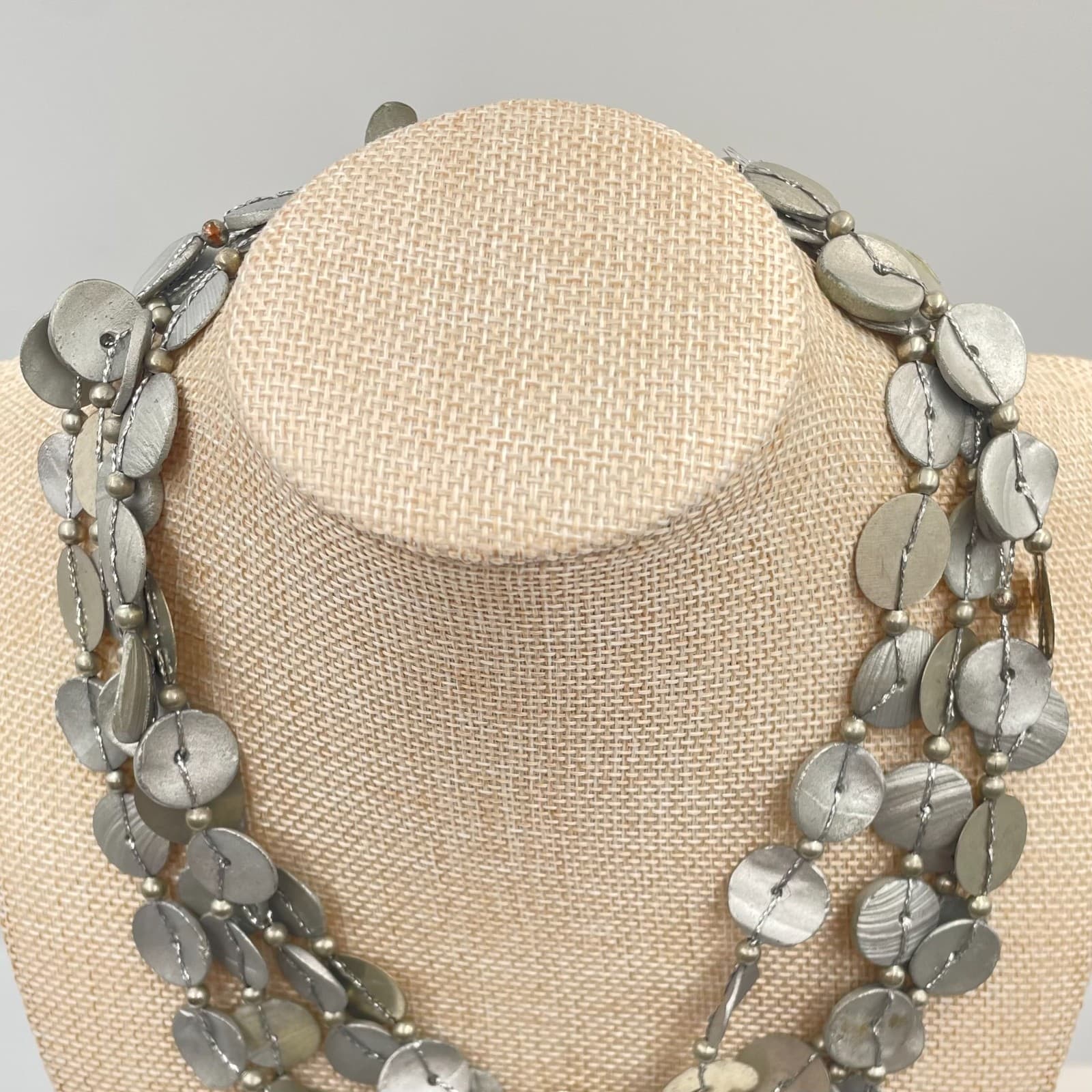 Vintage Statement Multi Strand Silver Coin Necklace Bohemian Layered Shell Disk - Thumbnail 2