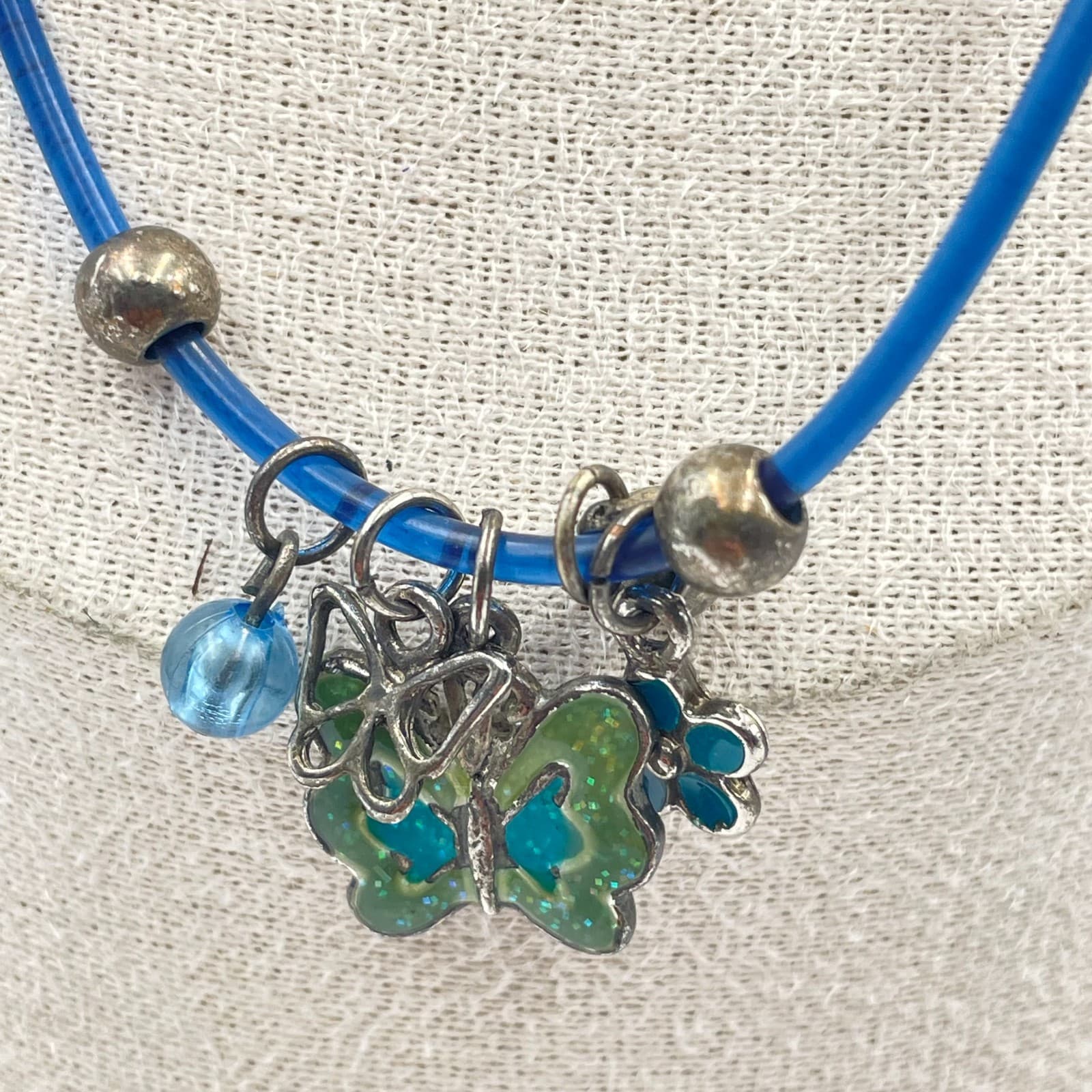 Vintage Y2K Blue Rubber Cord Necklace Butterfly Flower Charms Enamel Goth Grunge - Thumbnail 2