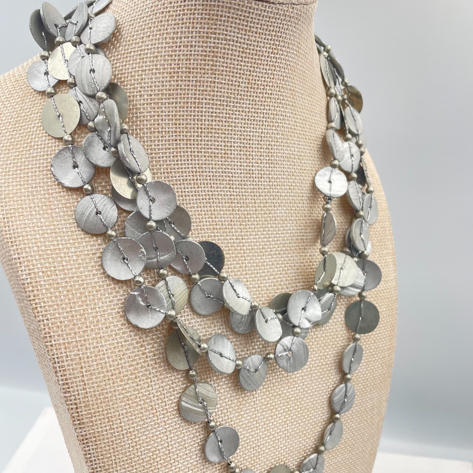 Vintage Statement Multi Strand Silver Coin Necklace Bohemian Layered Shell Disk - Thumbnail 4