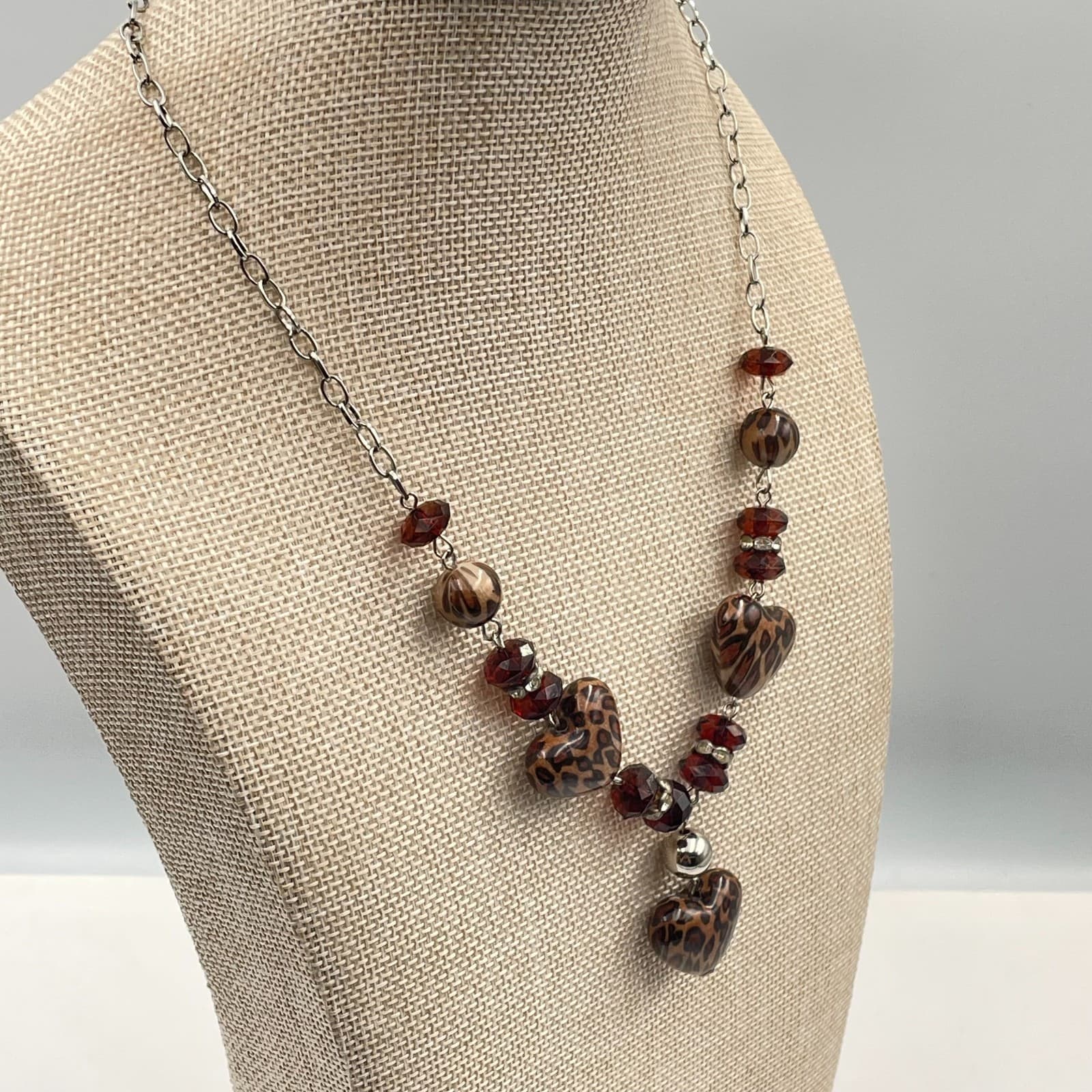 Vtg Leopard Print Heart Pendant Necklace Brown Animal Print Beads Silver Tone - Thumbnail 7