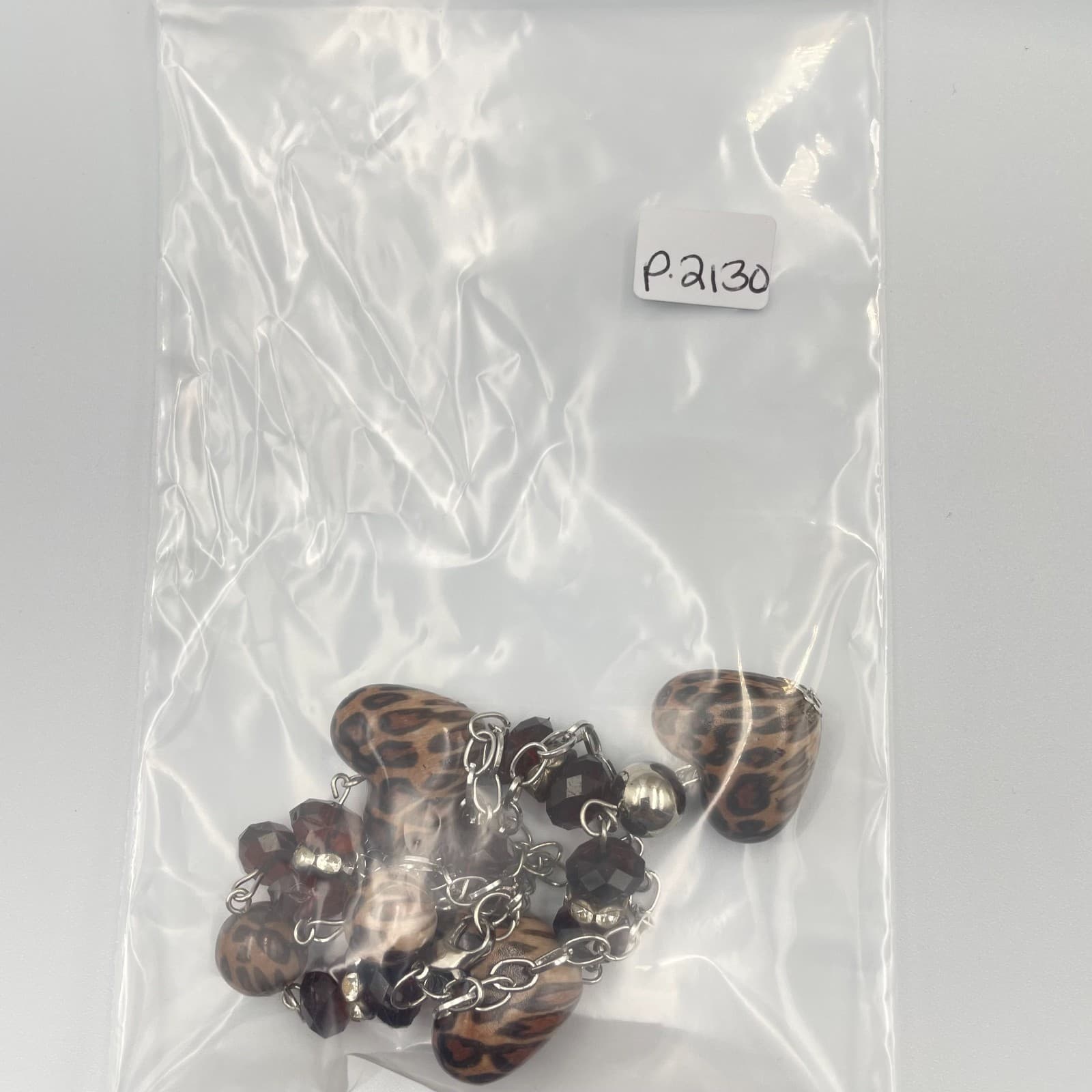 Vtg Leopard Print Heart Pendant Necklace Brown Animal Print Beads Silver Tone - Thumbnail 10