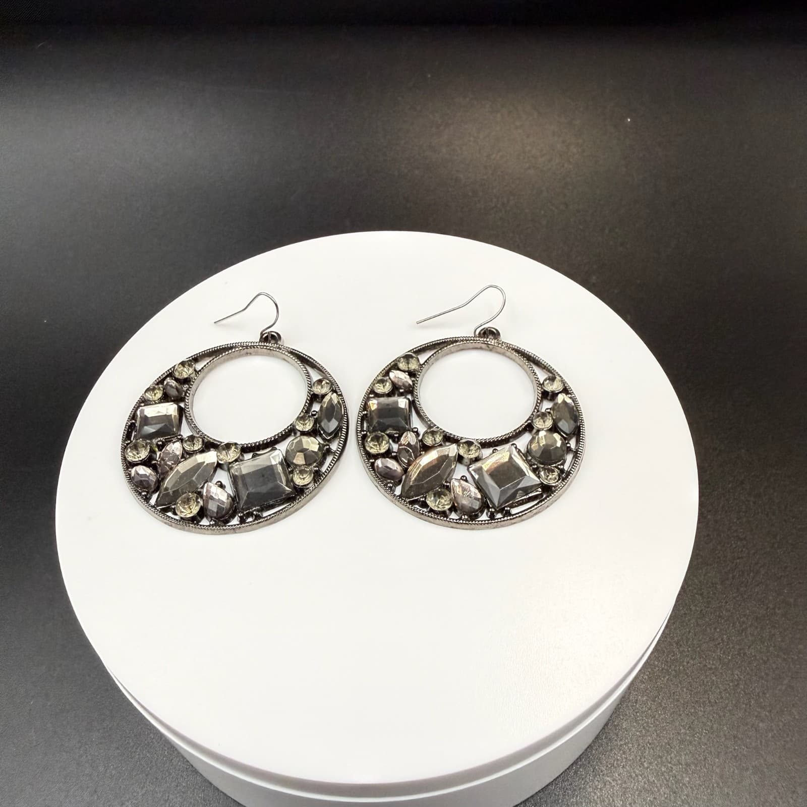 Vintage Gray Black Stones Silver-Toned Fashion Retro Drop Hoop Hook Earrings - Image 1