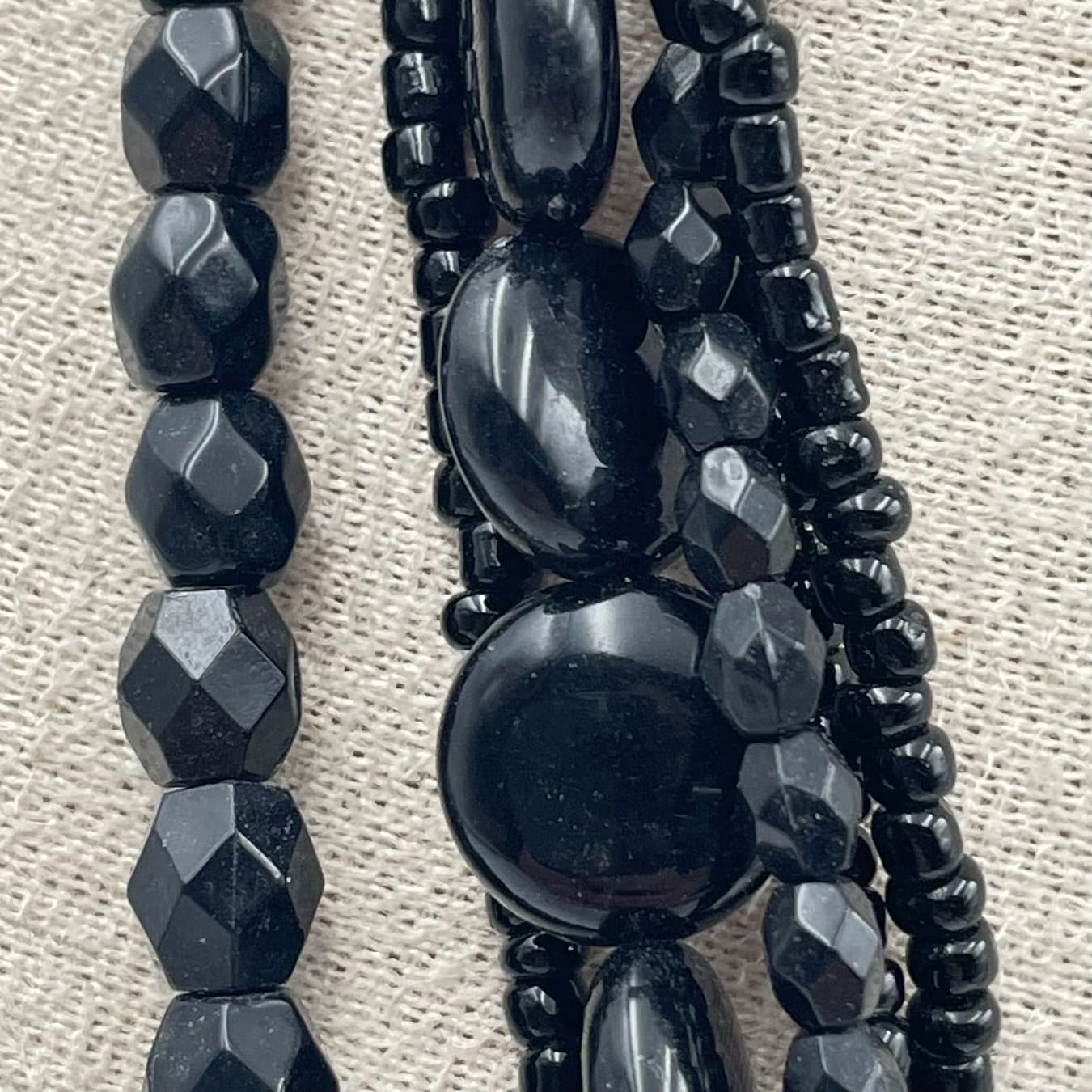 Vintage Black Multi Strand Statement Necklace Chunky Beaded Layered Bib Jewelry - Thumbnail 4