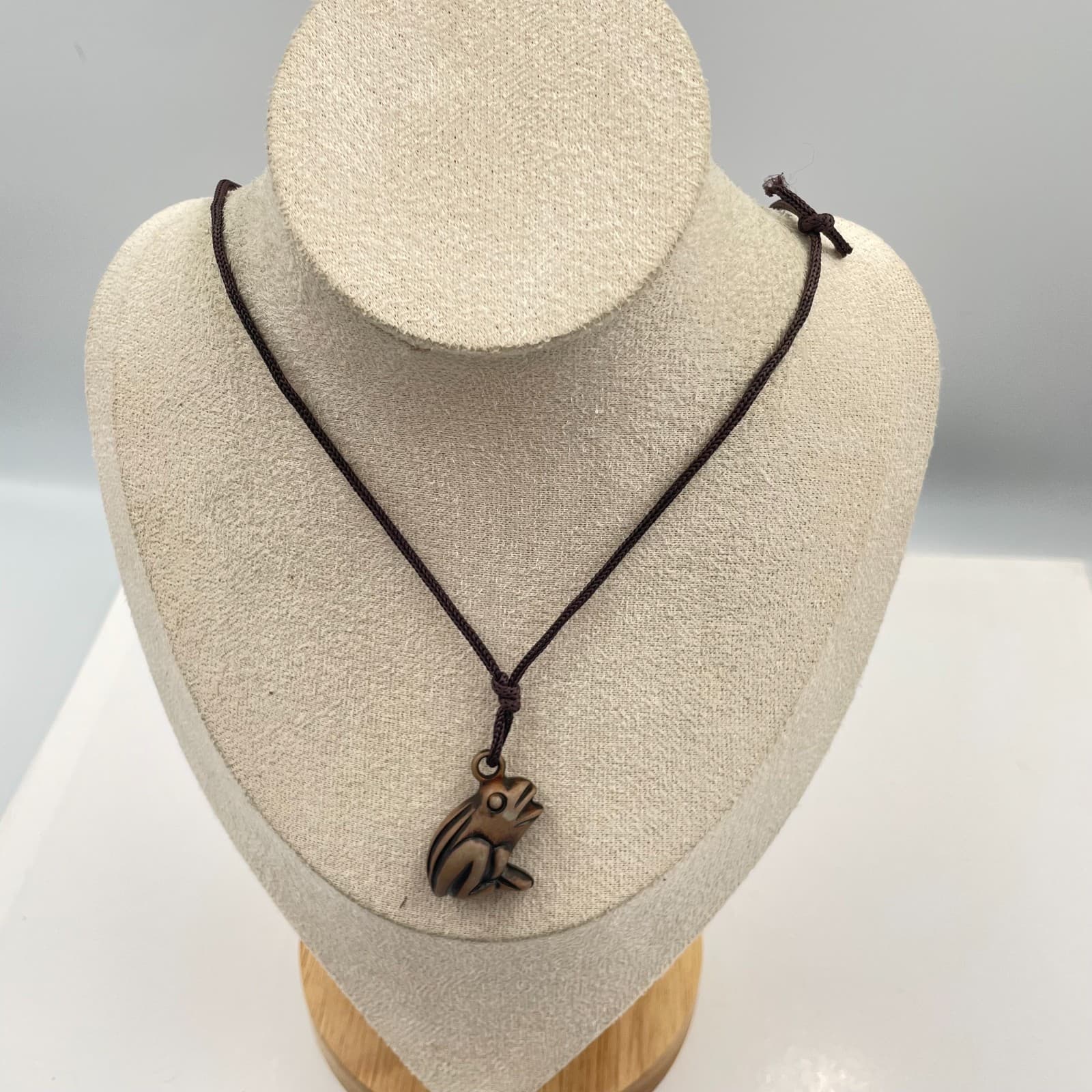 Vintage Bronze Frog Pendant Necklace Brown Braided Silk Cord Boho Cottagecore - Image 1
