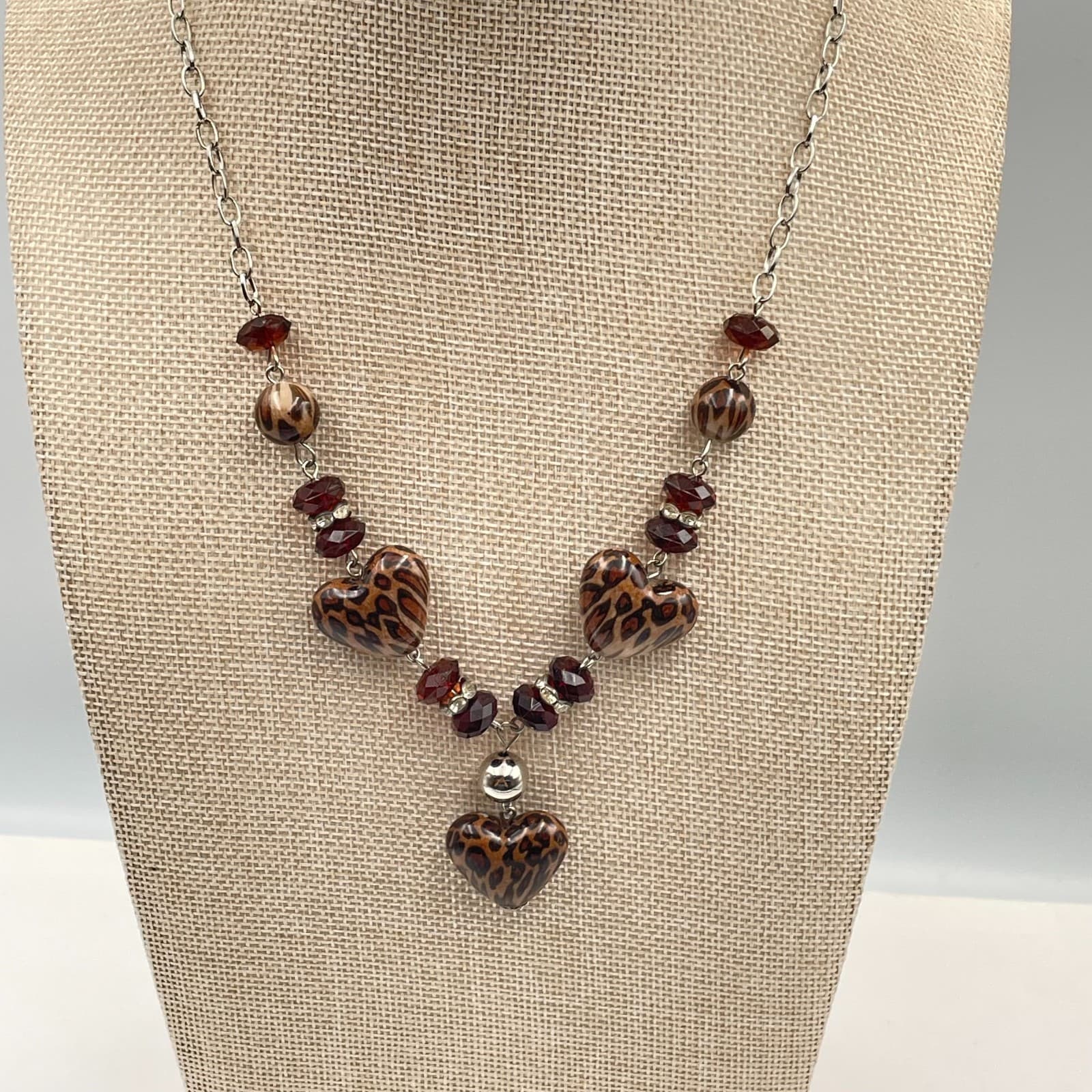Vtg Leopard Print Heart Pendant Necklace Brown Animal Print Beads Silver Tone - Thumbnail 6