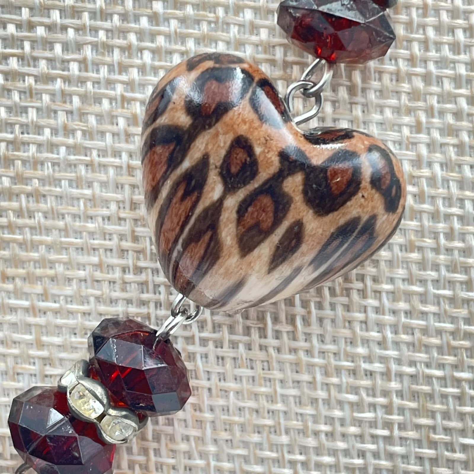 Vtg Leopard Print Heart Pendant Necklace Brown Animal Print Beads Silver Tone - Thumbnail 5