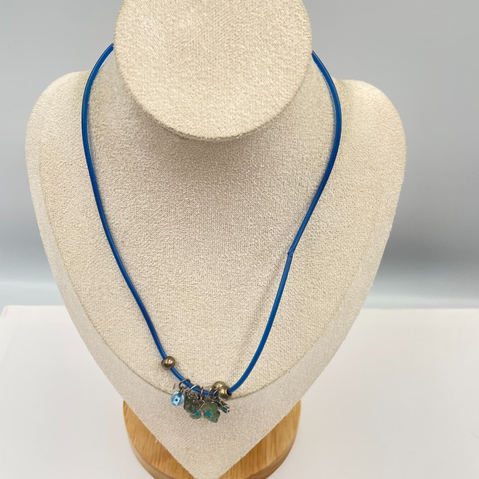 Vintage Y2K Blue Rubber Cord Necklace Butterfly Flower Charms Enamel Goth Grunge - Image 1