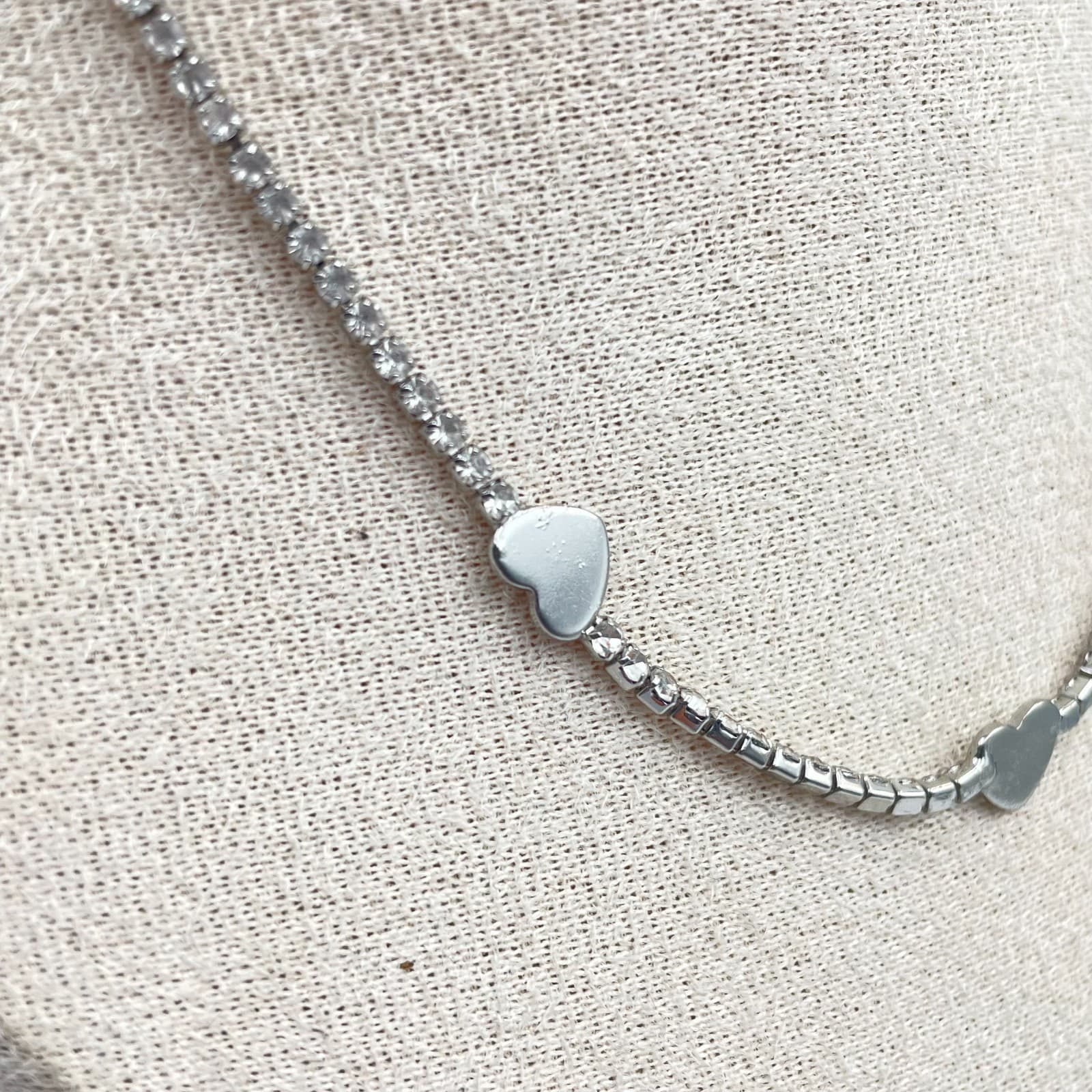 Vtg Silver Rhinestone Heart Tennis Necklace Choker Adjustable Crystal Prom Gift - Thumbnail 5