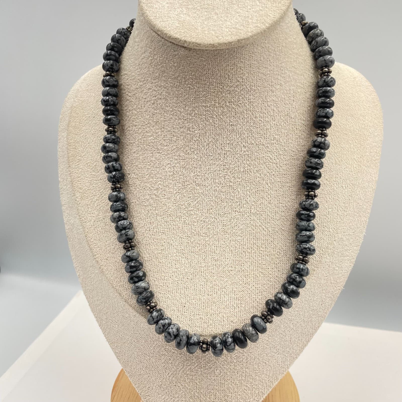 Vintage Snowflake Obsidian Necklace Women 16" Black Grey Excellent Beaded Toggle - Image 1